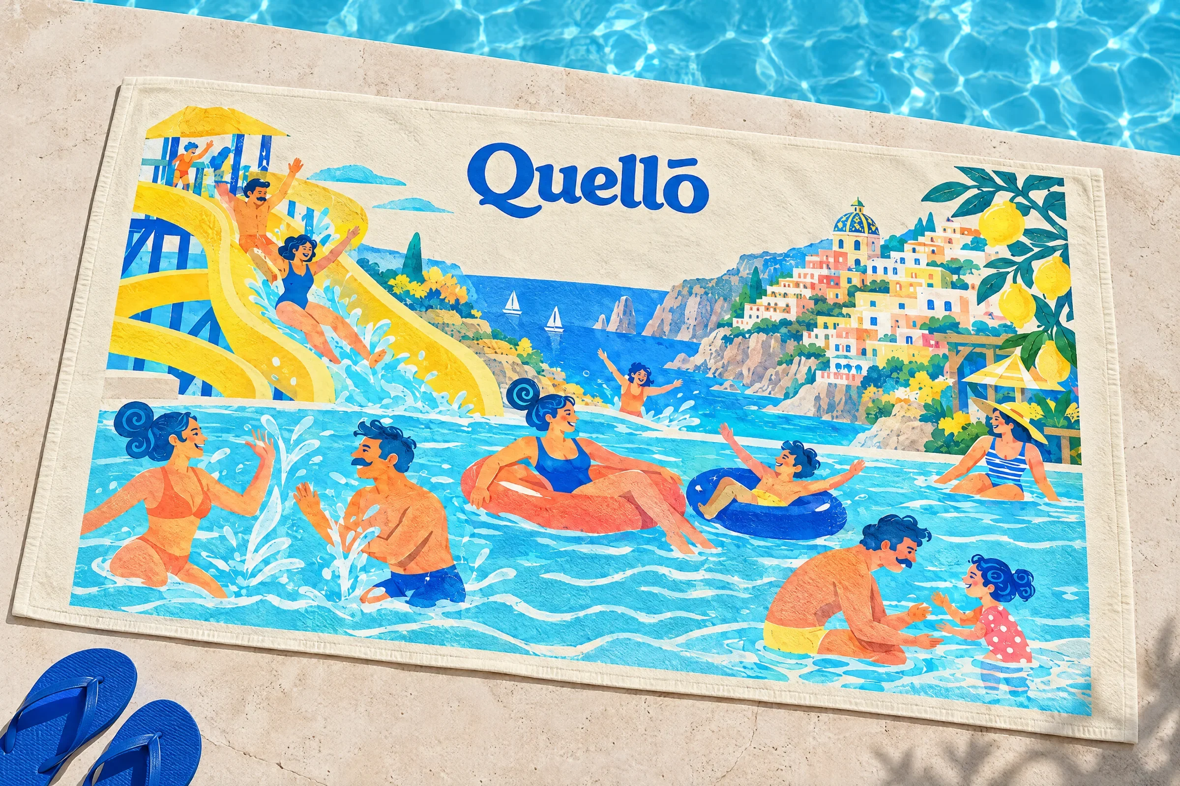 Quello poolside towel printed with swimmers, slides and coastal scenery beside blue flip-flops