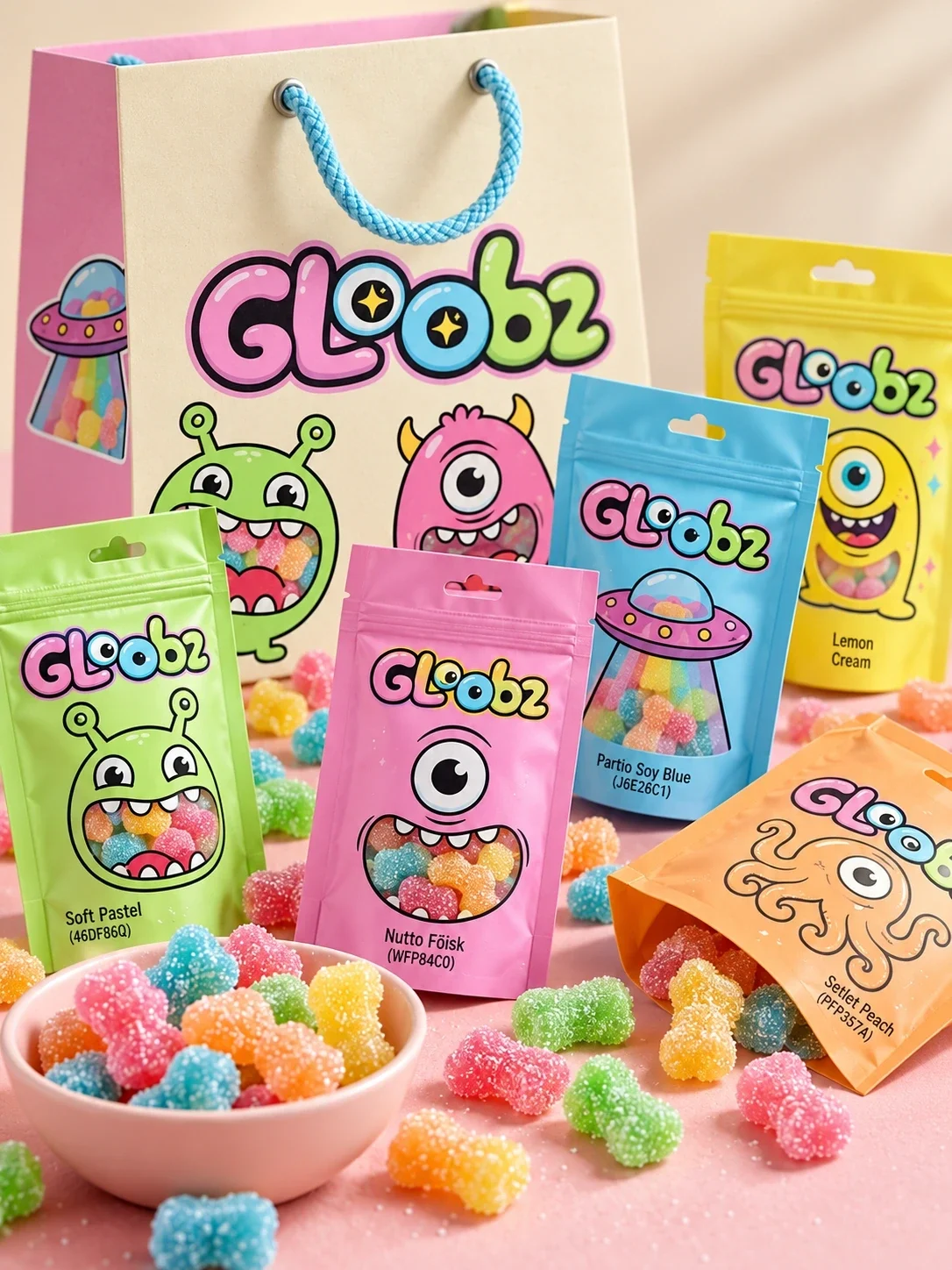 حقيبة تسوق وخمسة أكياس Gloobz في مشهد عرض المنتج