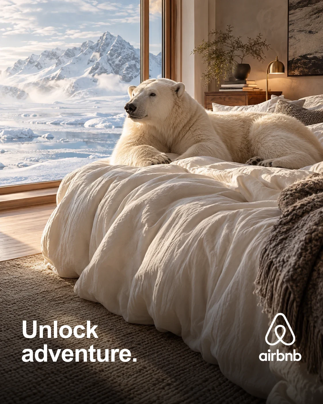 Airbnb Unlock Adventure visual: a polar bear in a bedroom overlooking an Arctic landscape