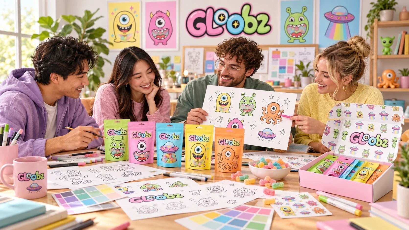 عبوات Gloobz ودراسات الألوان مرتبة على طاولة تصميم