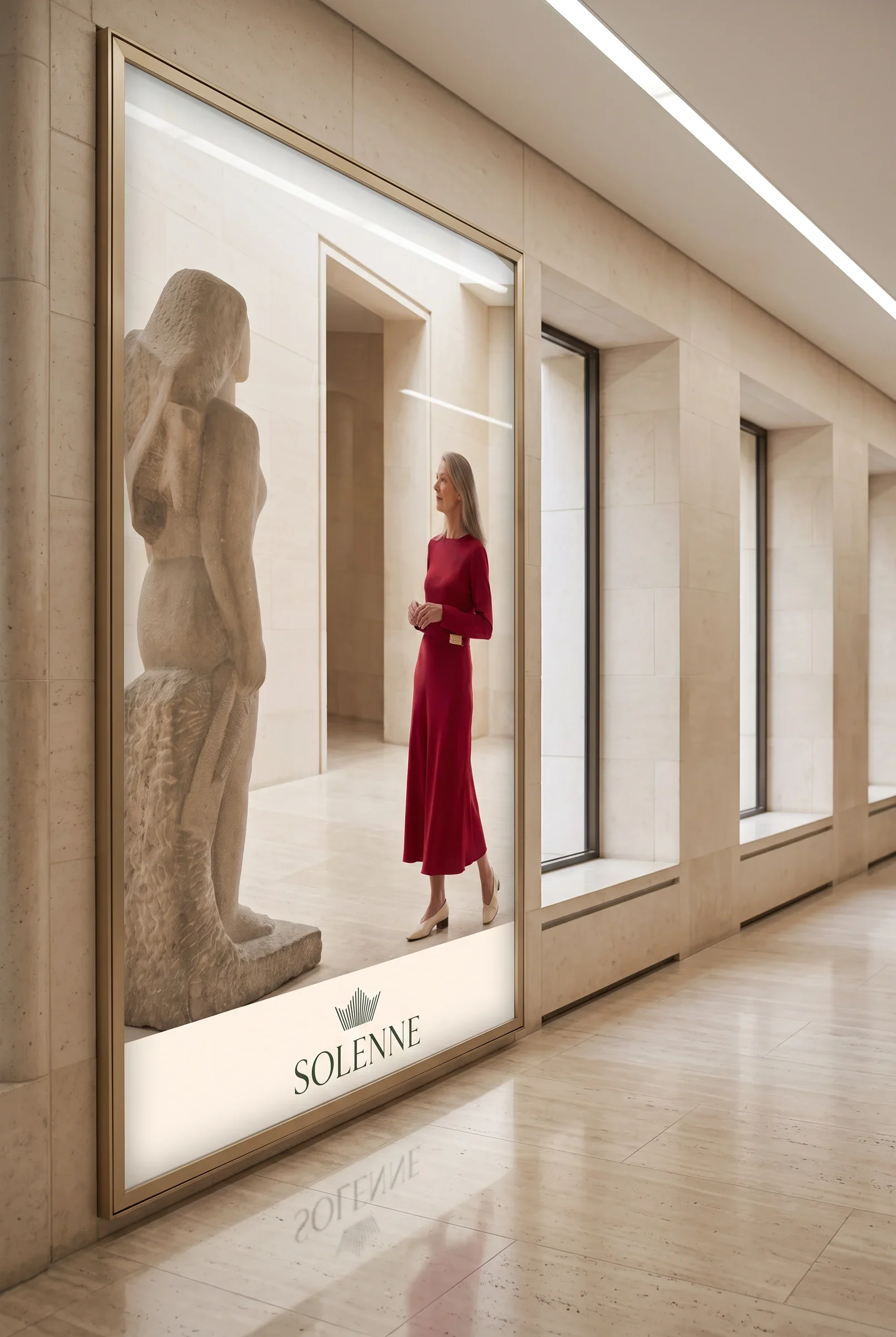 Vertical Solenne retail display pairing a red dress with sculptural architecture.