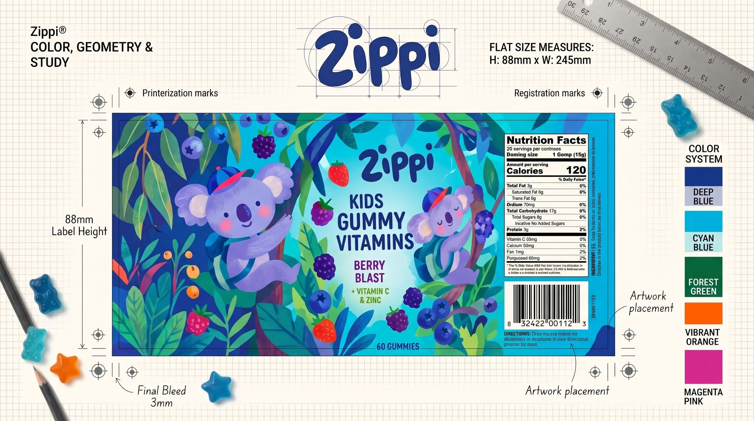 Flat Zippi Berry Blast label mockup with koala illustration, product typography, information panel and layout guides.