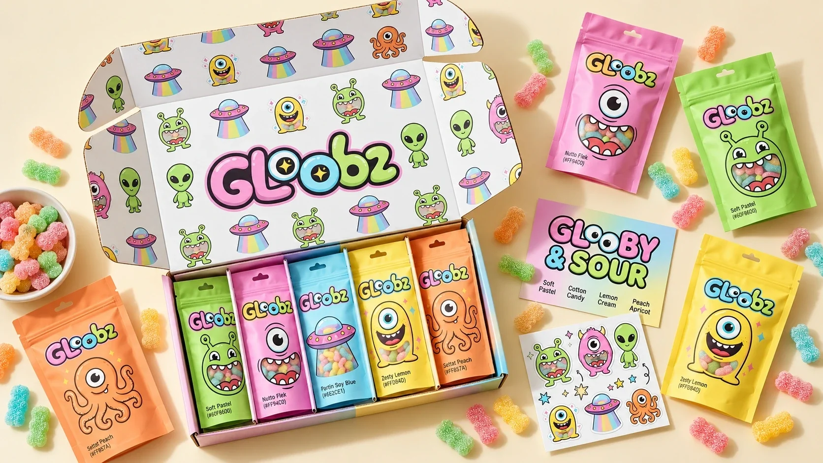 علبة Gloobz وخمسة أكياس وملصقات في ترتيب مسطح