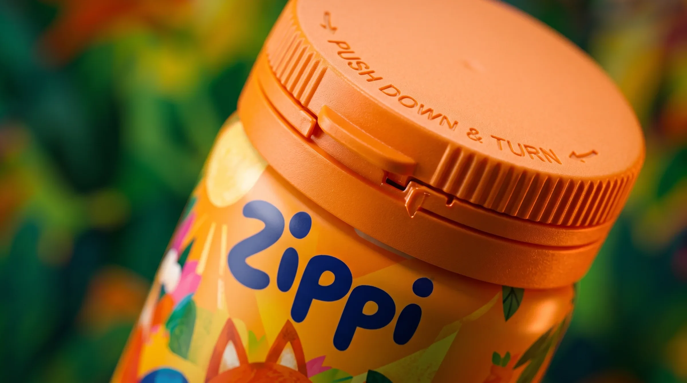 Orange cap and upper label detail on a Zippi bottle mockup.
