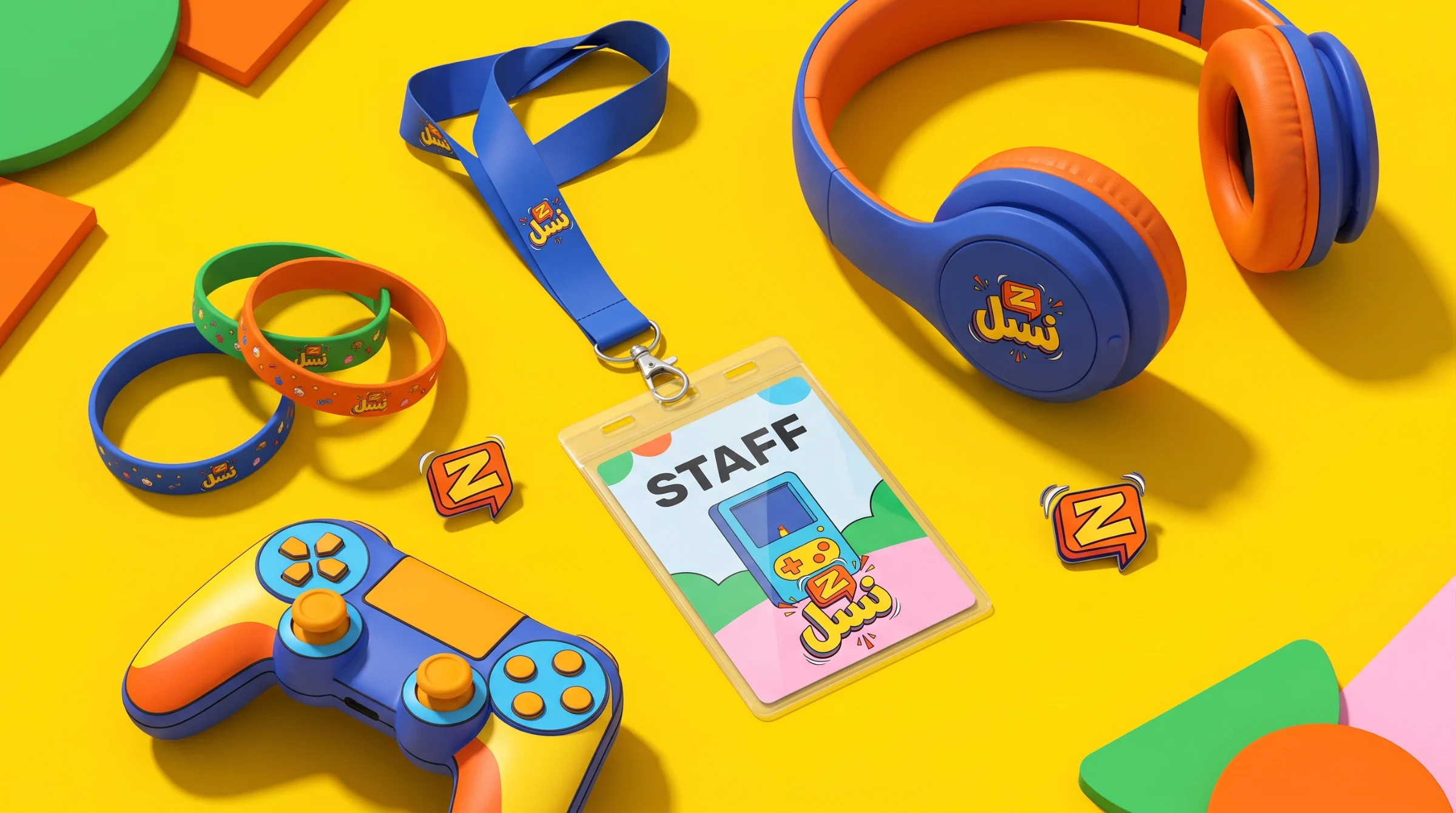 Nasl Z staff pass, lanyards, headphones and controller arranged on yellow.
