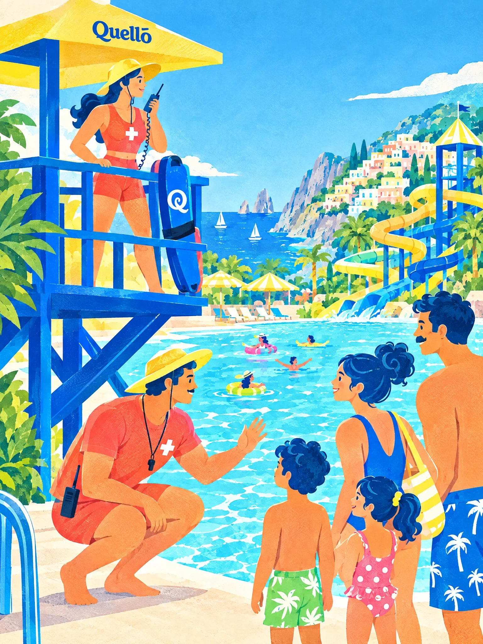 Quello illustration of a lifeguard, swimmers and a poolside safety scene with blue slides and yellow umbrellas