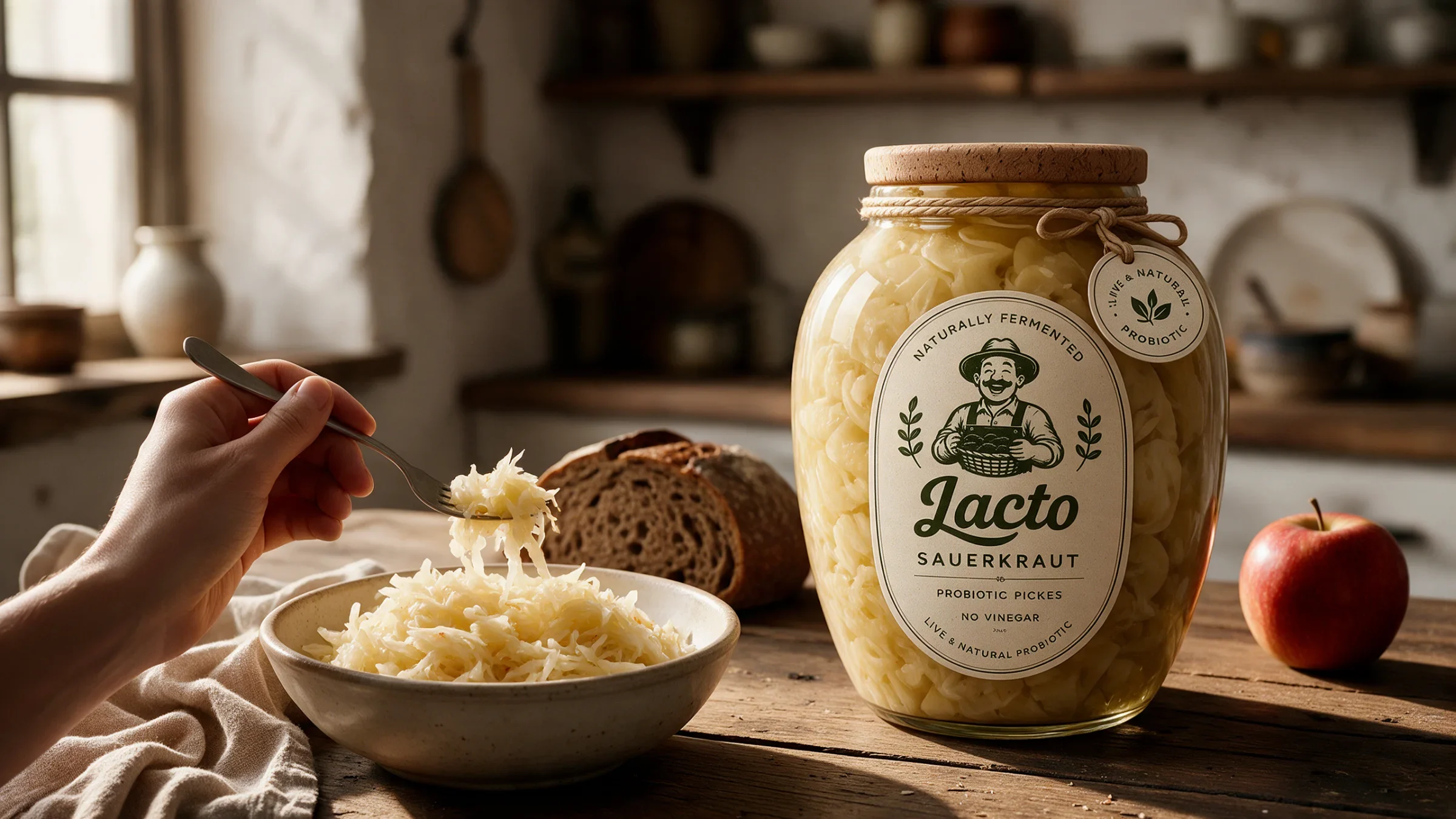 Lacto sauerkraut jar beside a bowl and bread in a warm kitchen scene