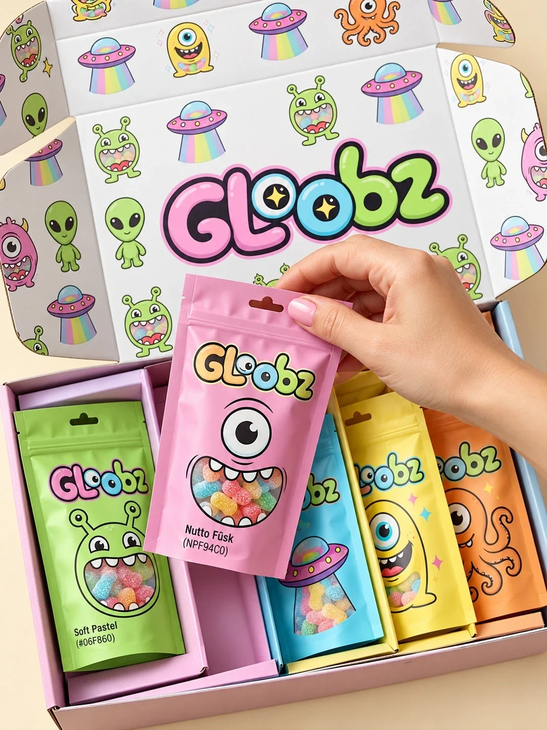 لقطة قريبة ليد ترفع أحد أكياس Gloobz من العلبة