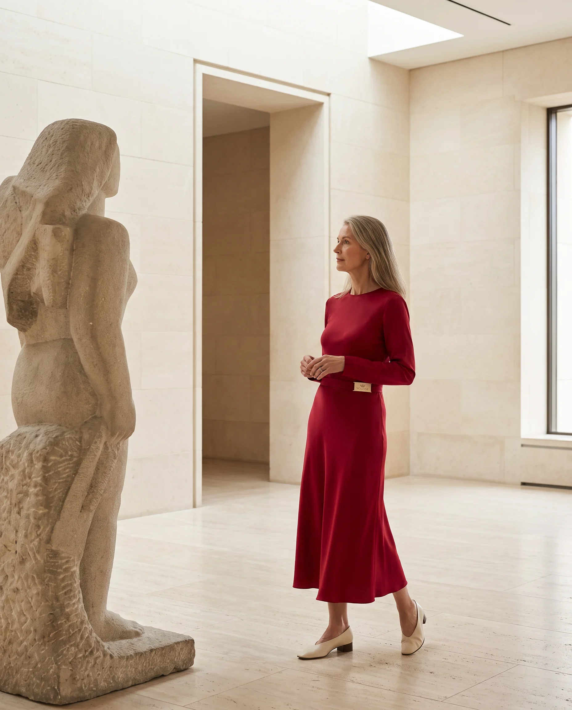 Woman wearing a red Solenne dress beside a carved stone figure.