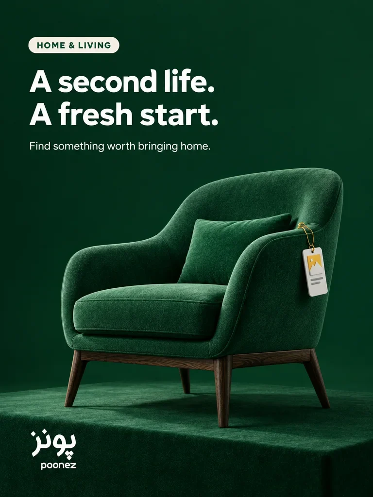 Poonez home campaign featuring a green chair and listing tag
