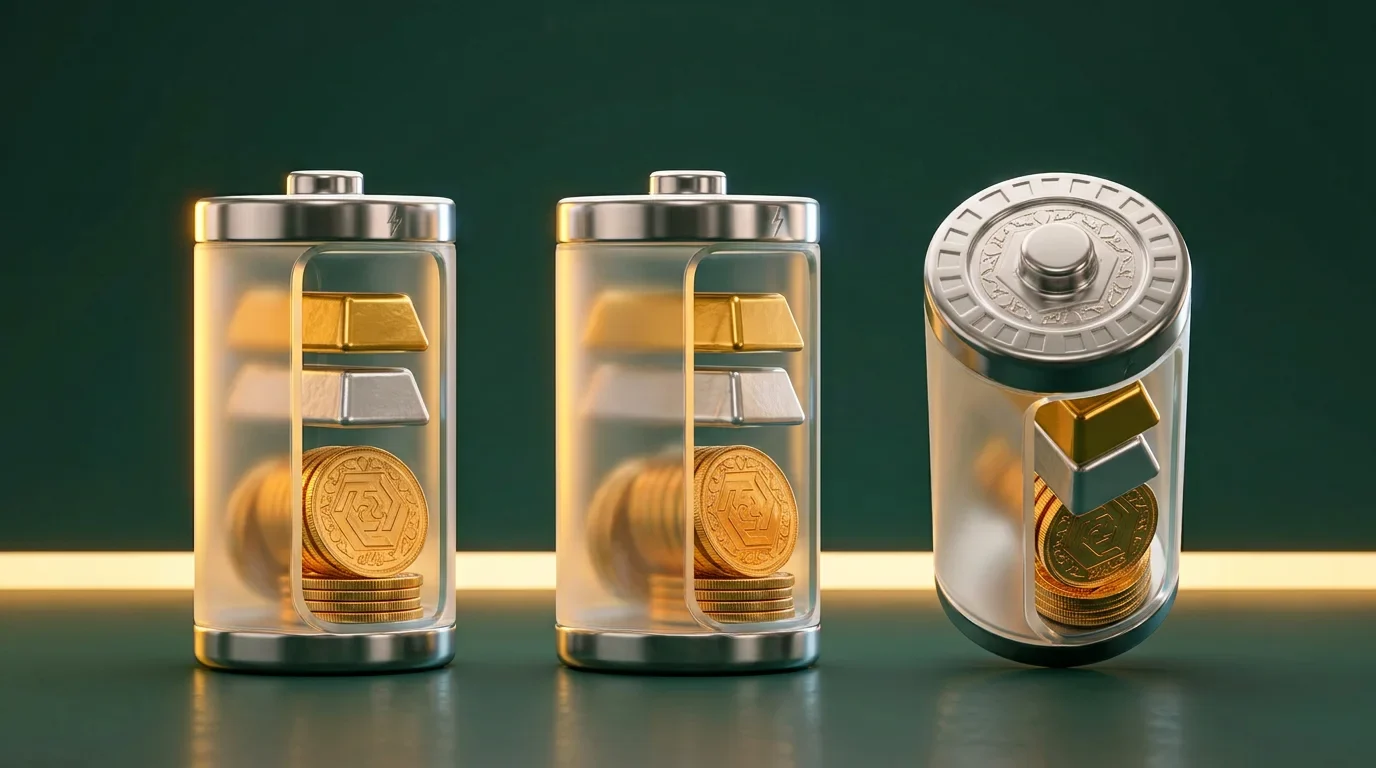 Three views of the EcoGold battery artwork showing the transparent shell, precious metal bars and coins