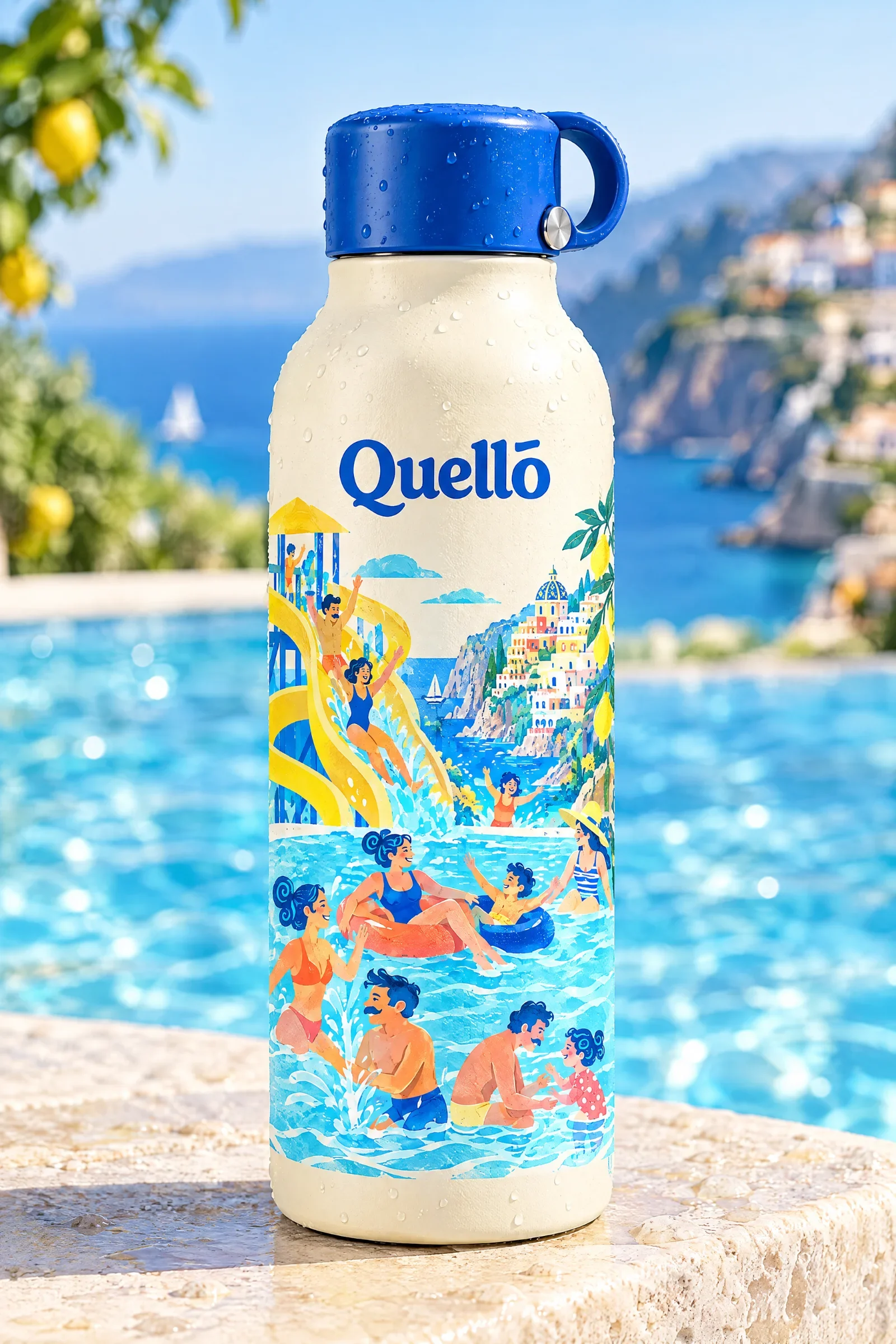 Quello reusable bottle with a blue cap and wraparound water-park illustration