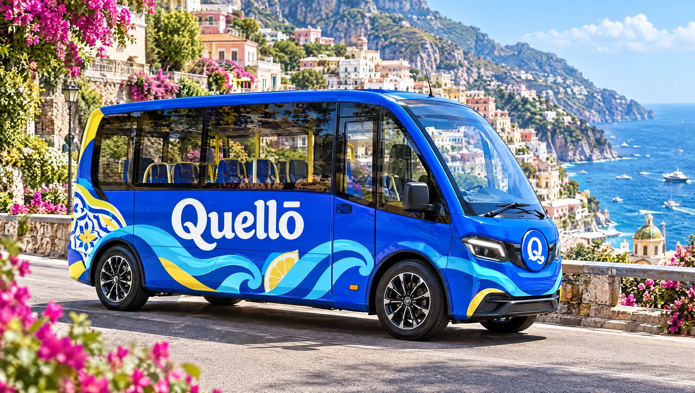 Quello blue shuttle bus with the white wordmark, Q emblem and aqua wave graphics shown in a coastal presentation mockup