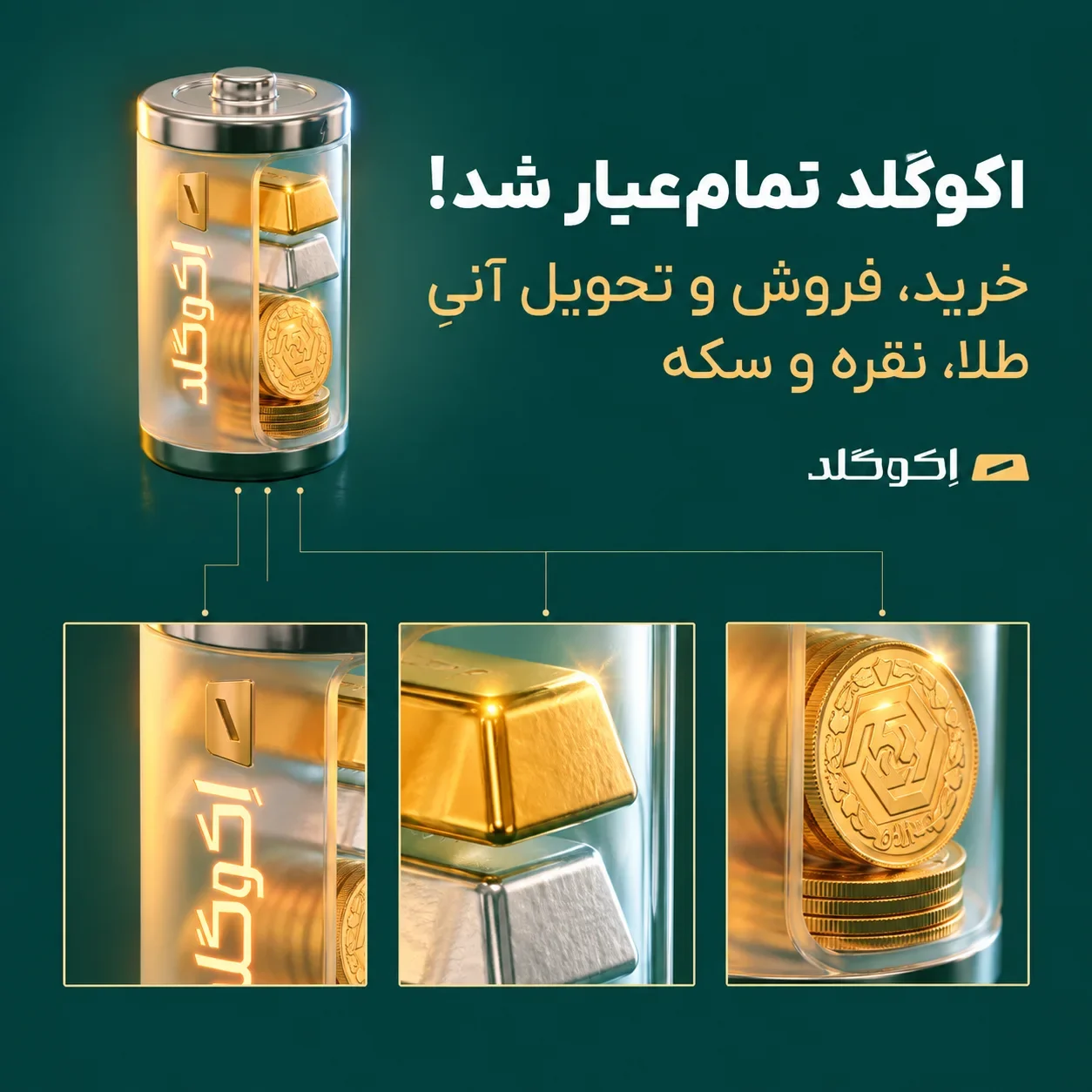 EcoGold square campaign poster with a transparent battery holding gold, silver and coins, Persian headline and three material details