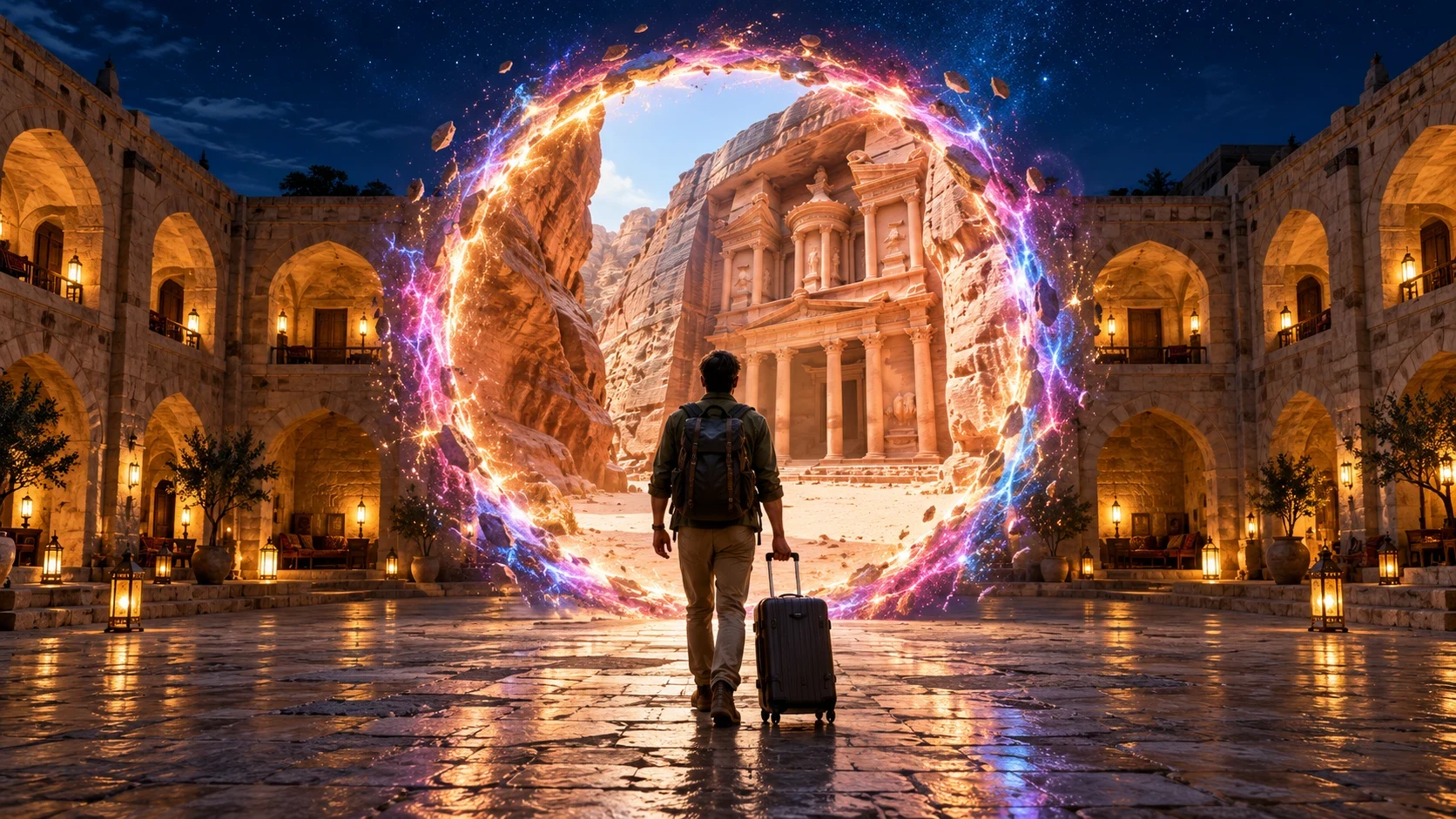 Centered traveler approaching daytime Petra from a night courtyard