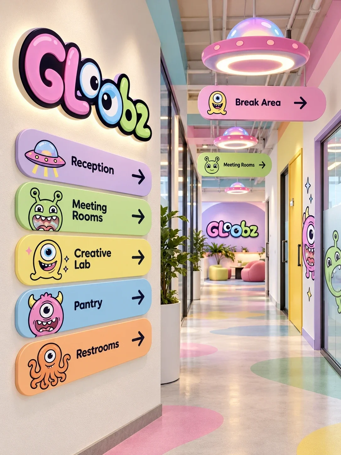 لافتات إرشادية بشخصيات Gloobz داخل مساحة بألوان باستيلية