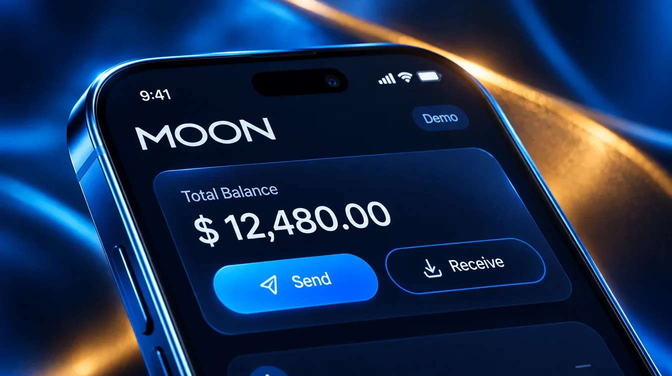 Close-up of Moon demo wallet balance with send and receive buttons