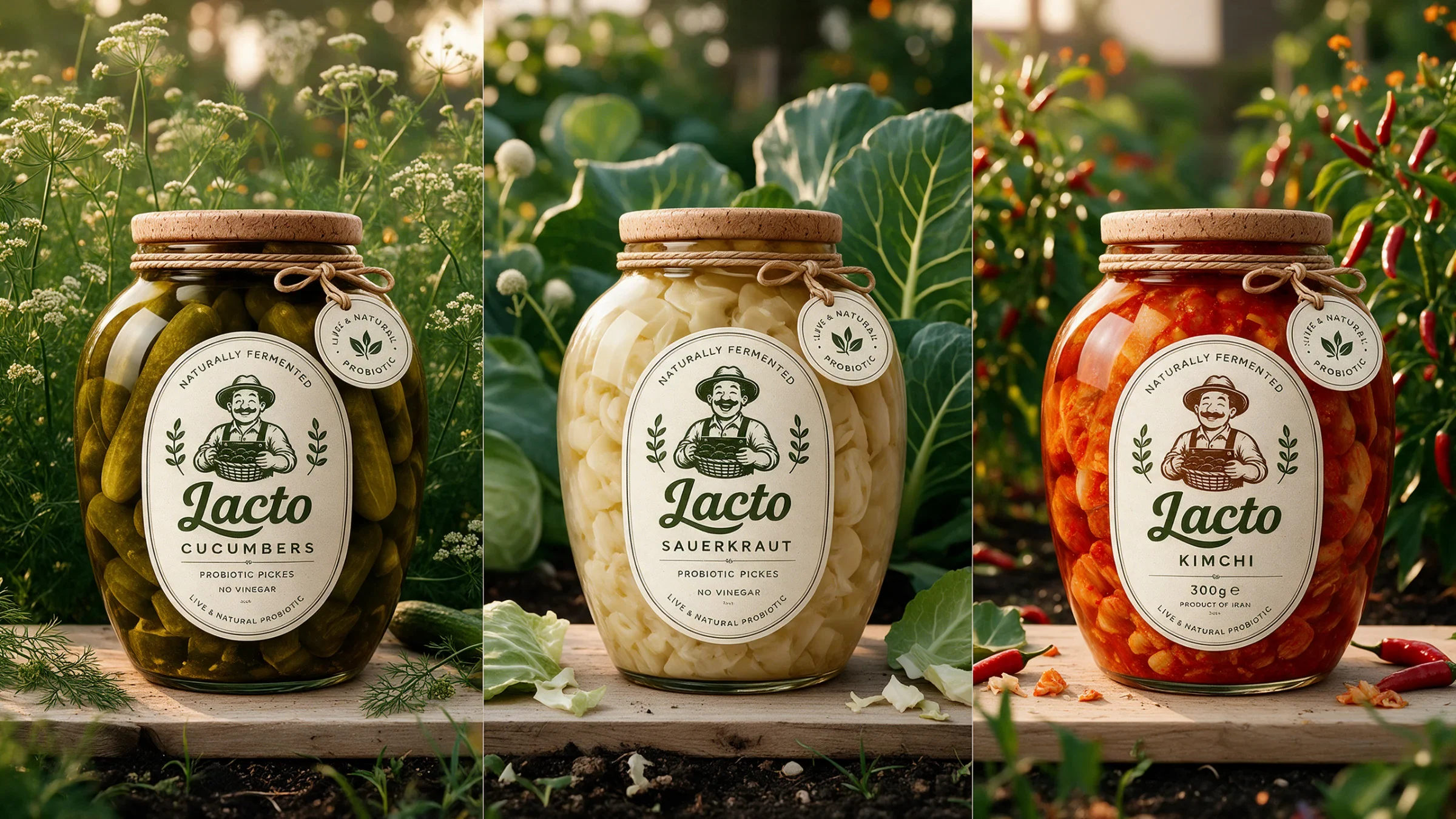 Lacto cucumber, sauerkraut and kimchi jars together in a garden setting