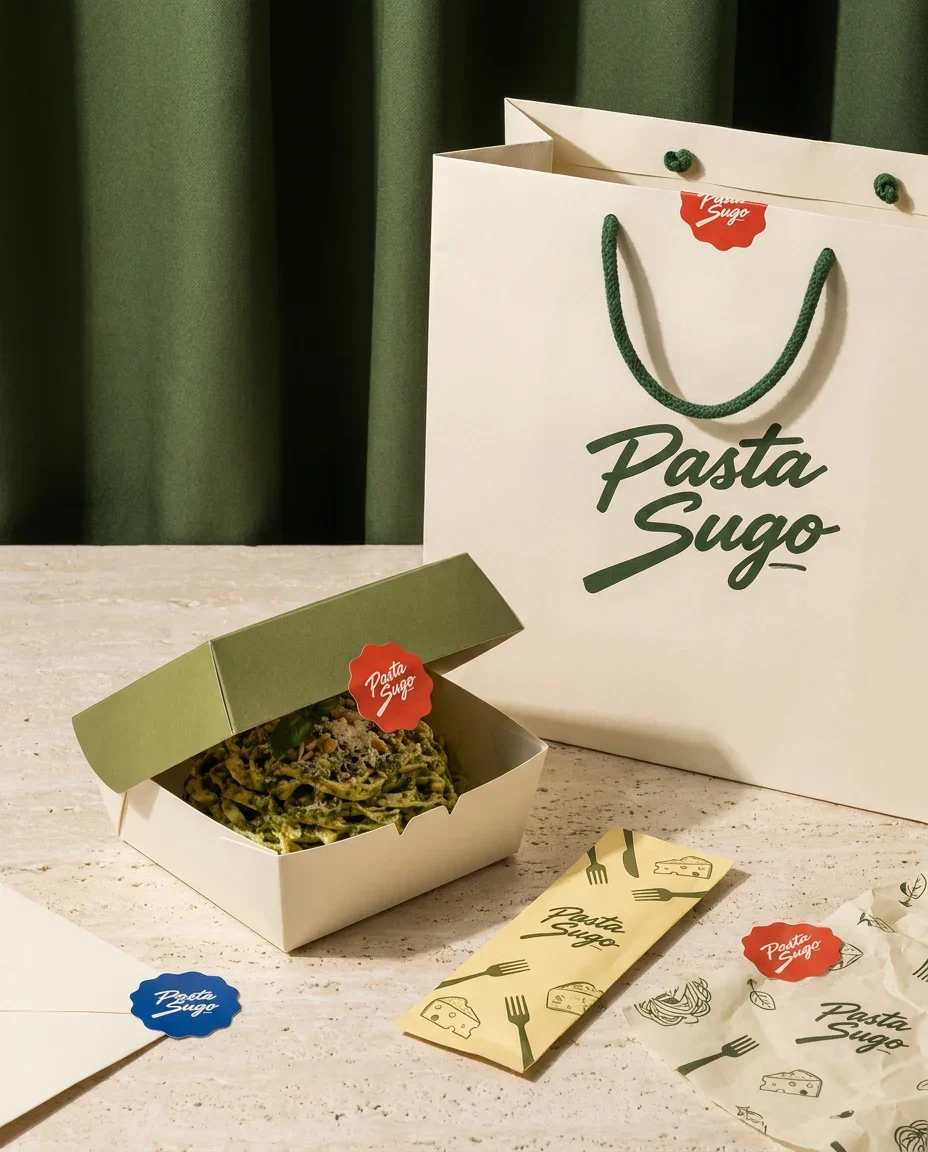 Pasta Sugo takeaway box, shopping bag and printed food wraps