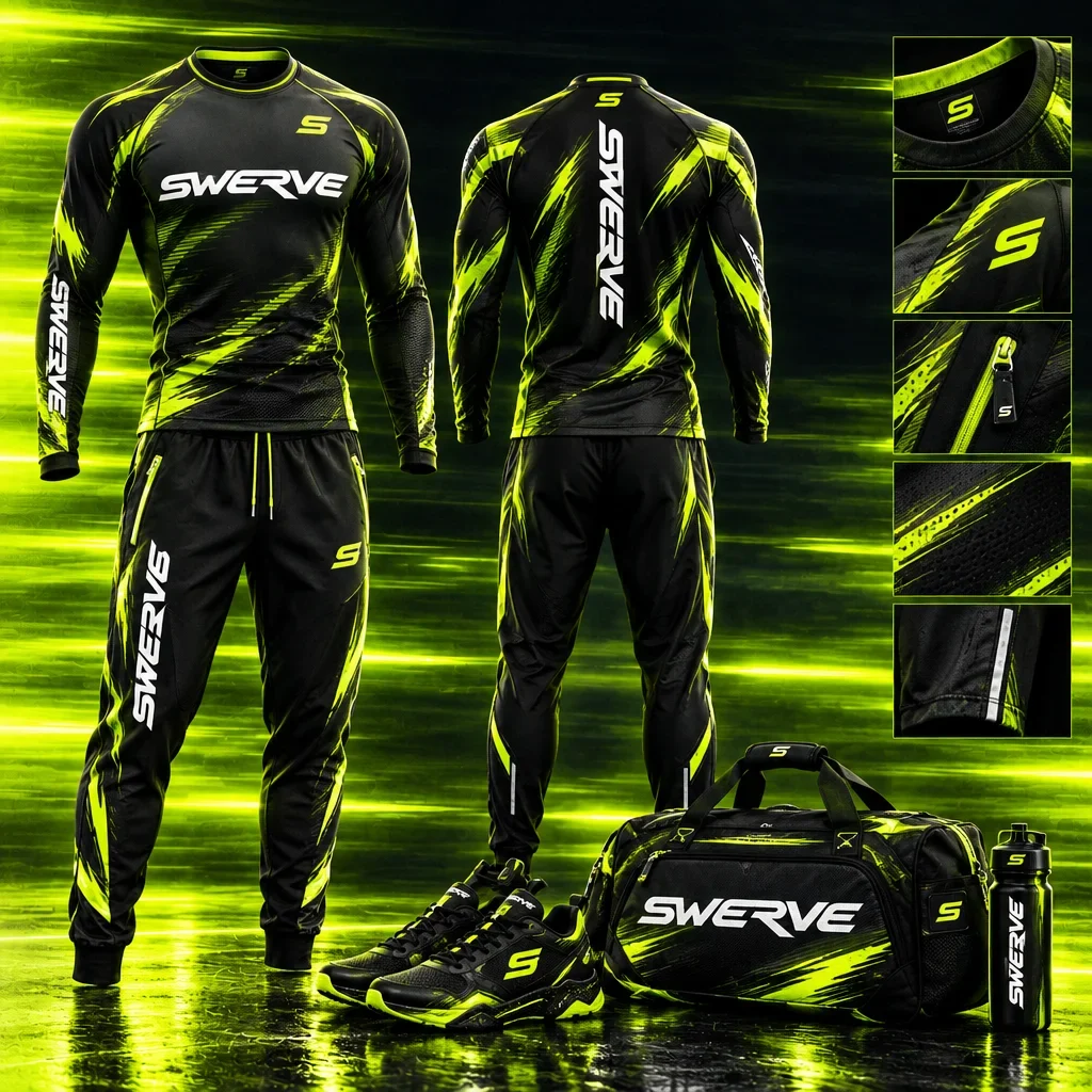Swerve branded riding tops, trousers, shoes and bag with a panel of graphic details