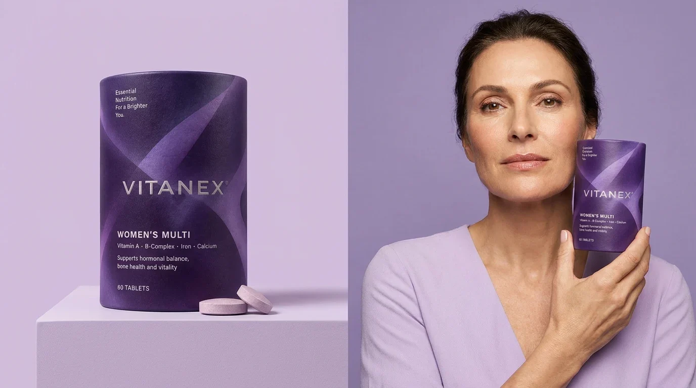 Purple Vitanex Women’s Multi packaging beside a coordinated portrait