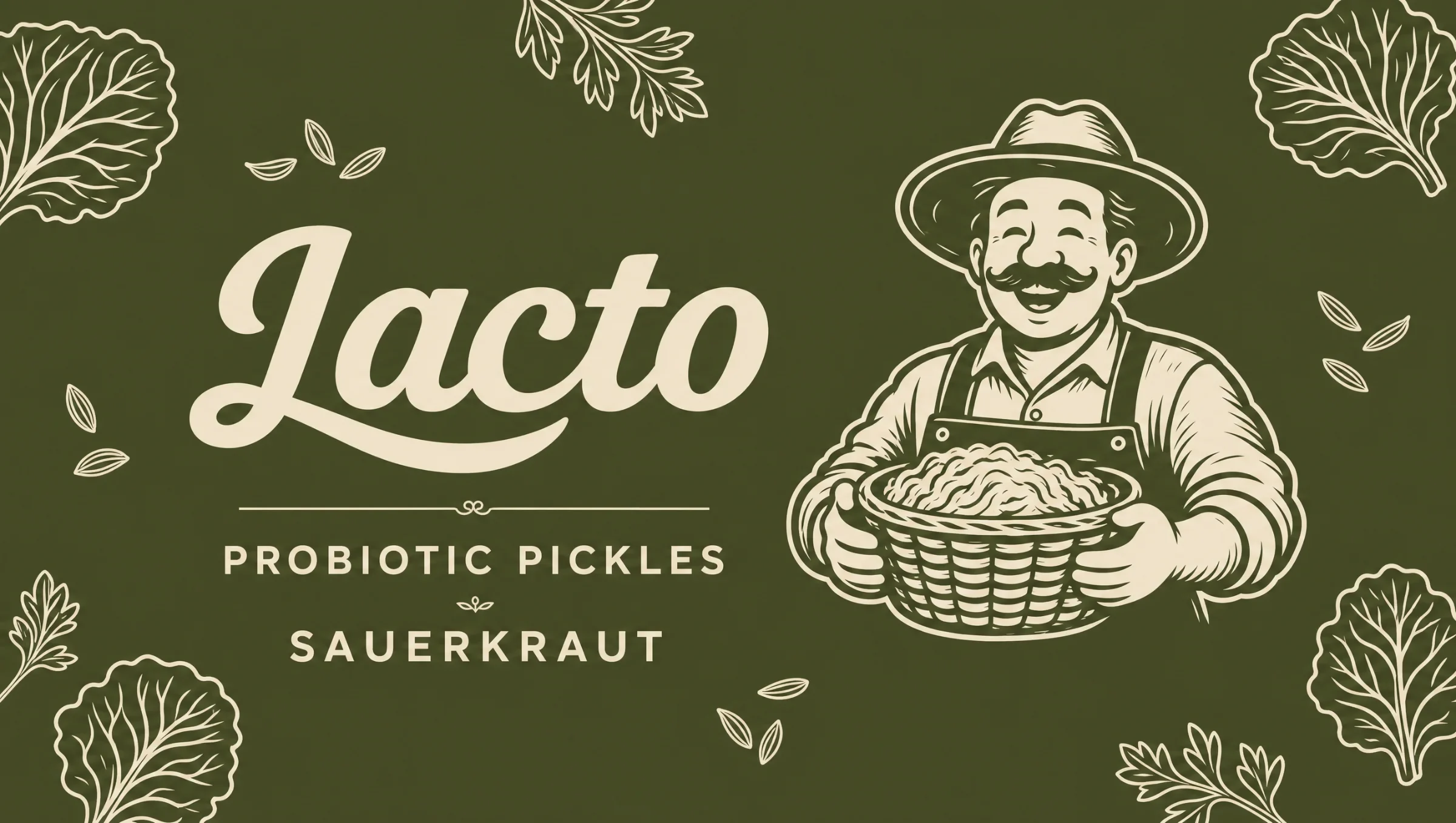 Olive Lacto sauerkraut label with cream wordmark, grower illustration and cabbage drawings