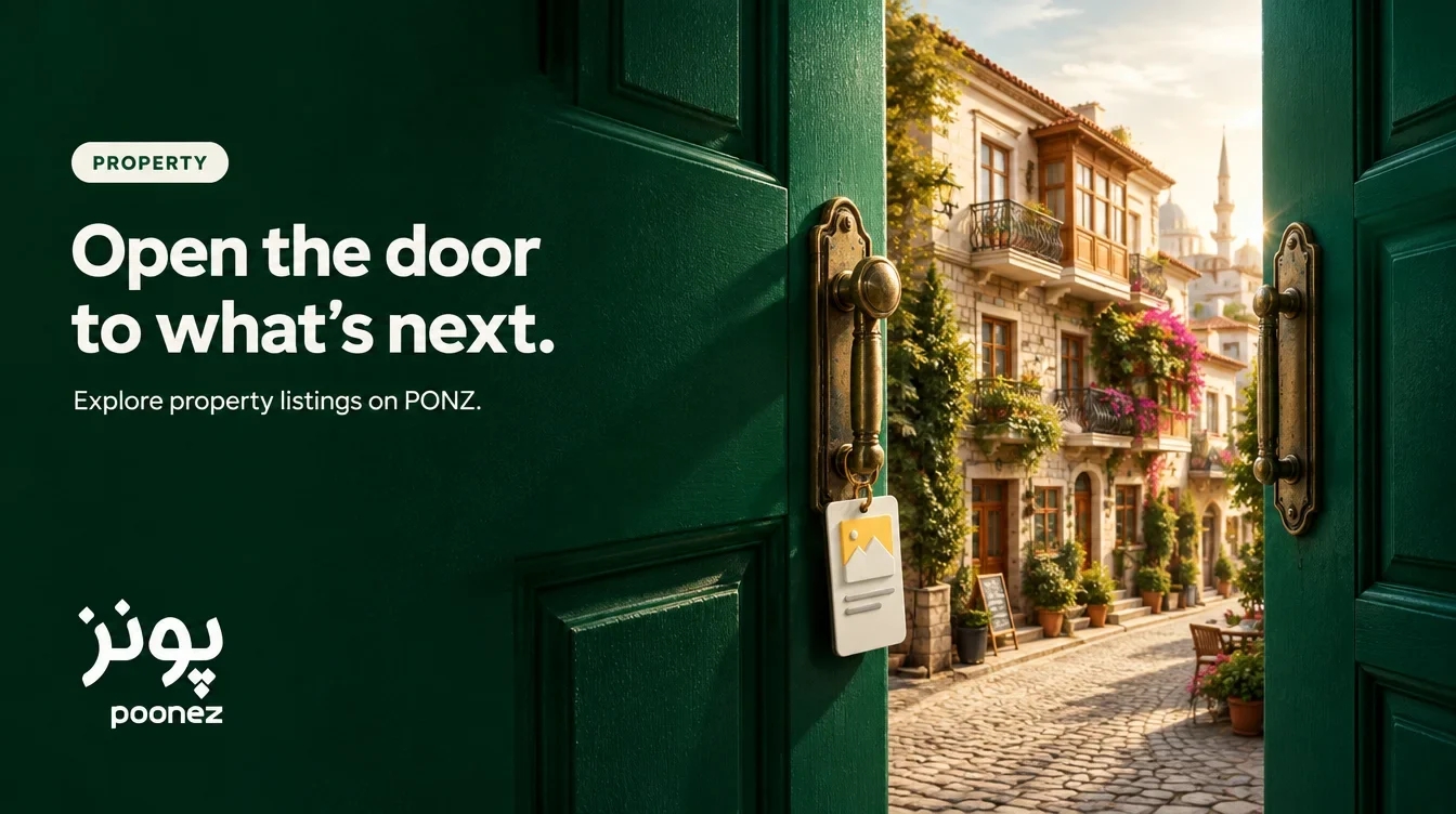 Poonez property campaign with an open green door, a sunlit street and a listing tag