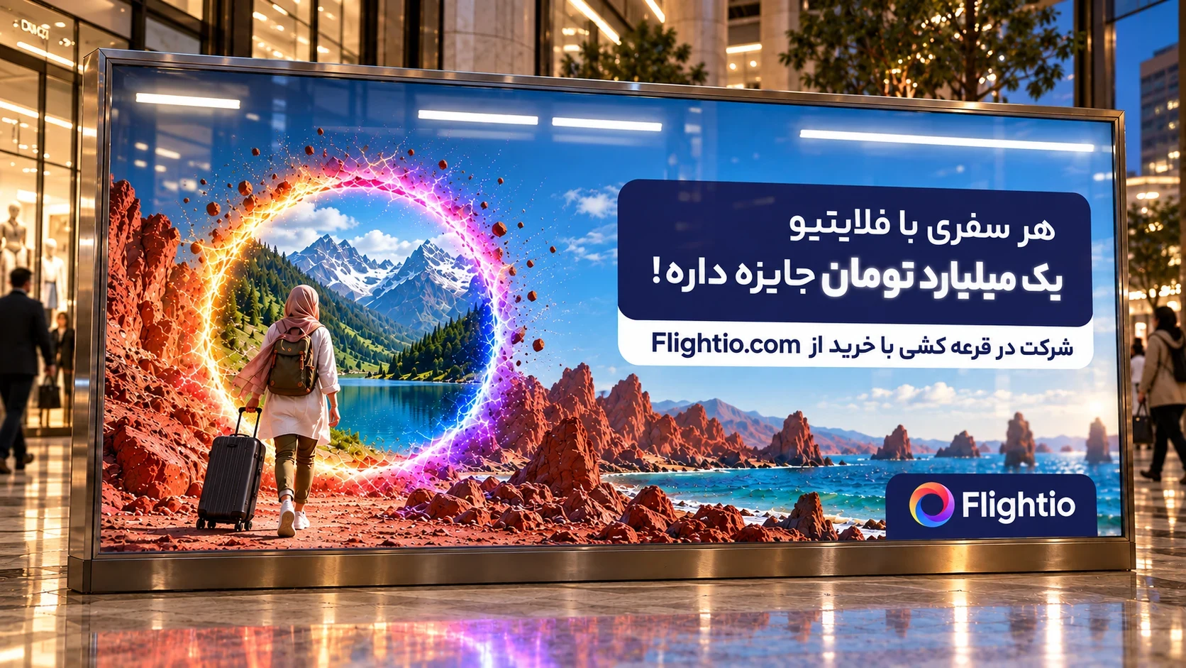 Flightio mall lightbox with the selected campaign layout and reflected fluorescent lights