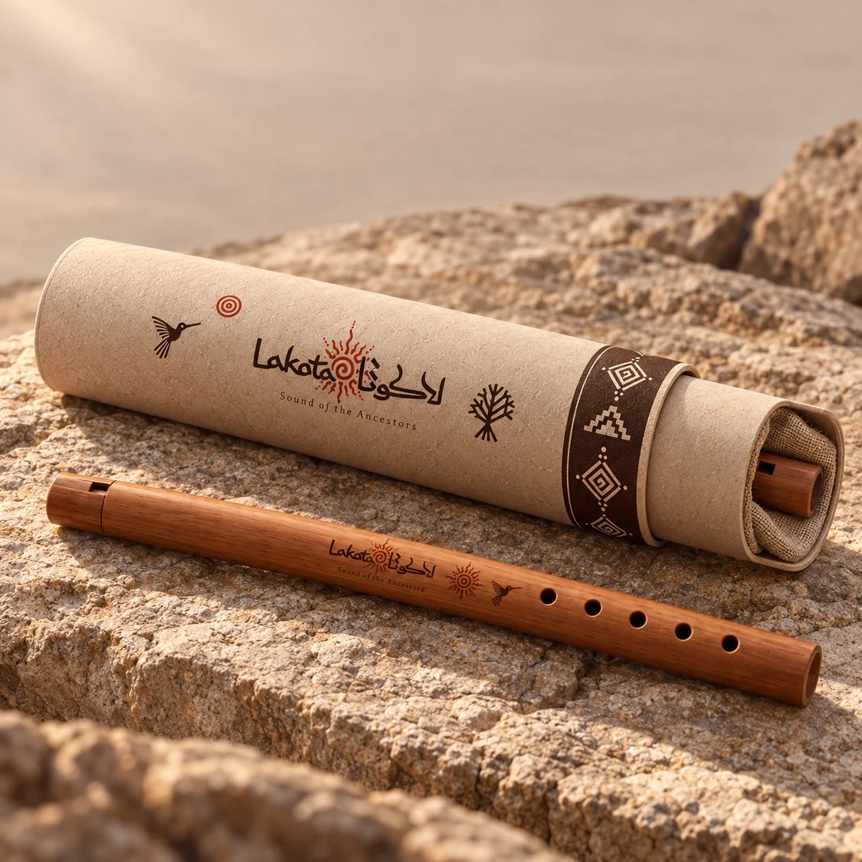 Wooden flute and cylindrical packaging on warm stone