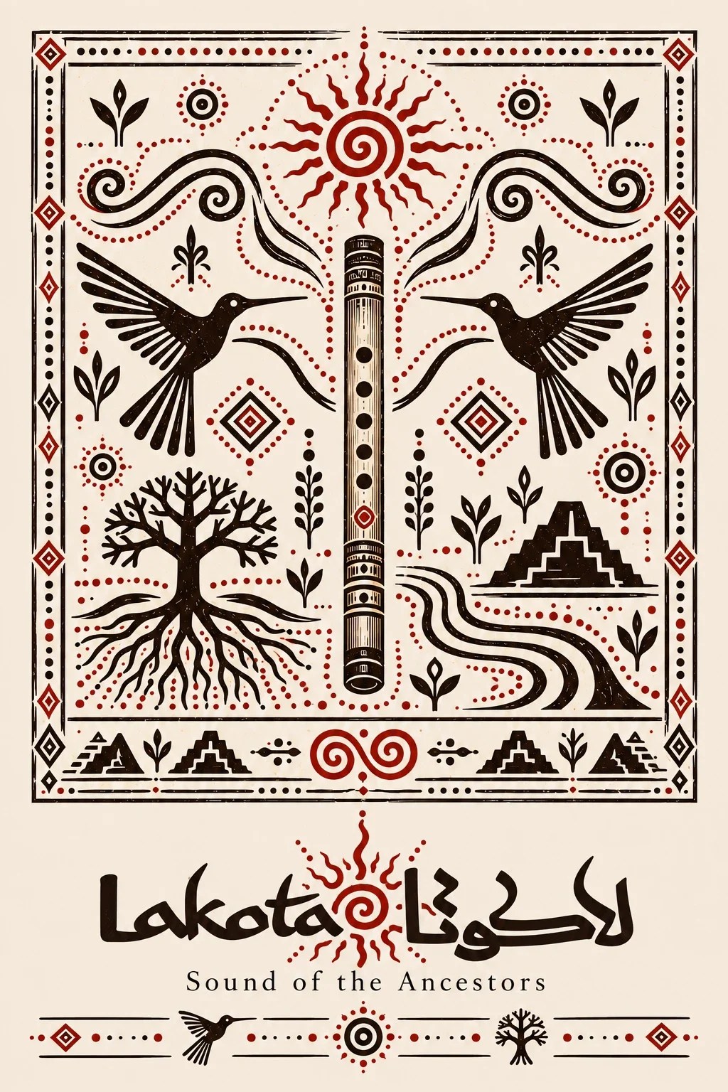 Illustrated flute poster with birds, sun, tree and flowing lines
