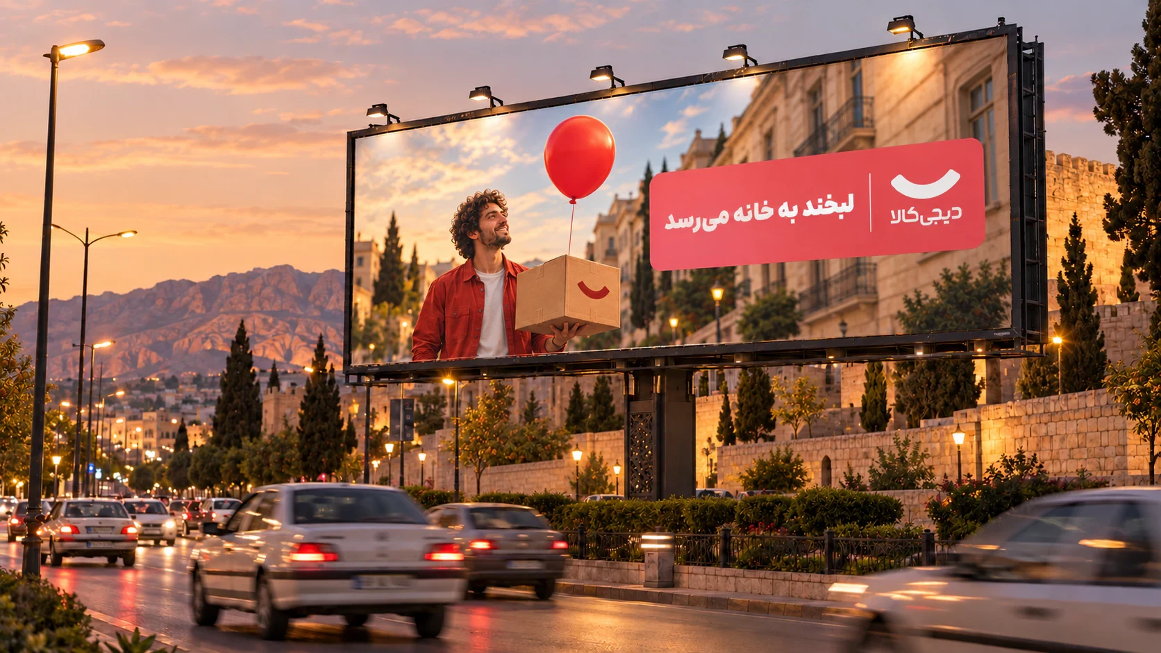Digikala A Smile Arrives Home campaign on a large billboard in Shiraz at dusk