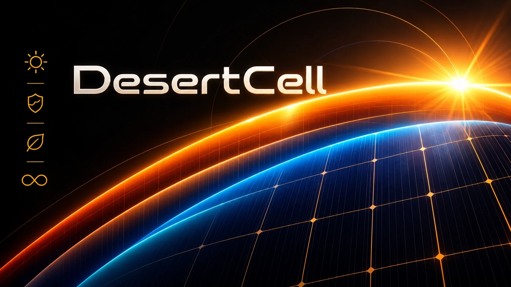 Orange and blue orbital arcs over a solar-cell grid, with gold outline icons.