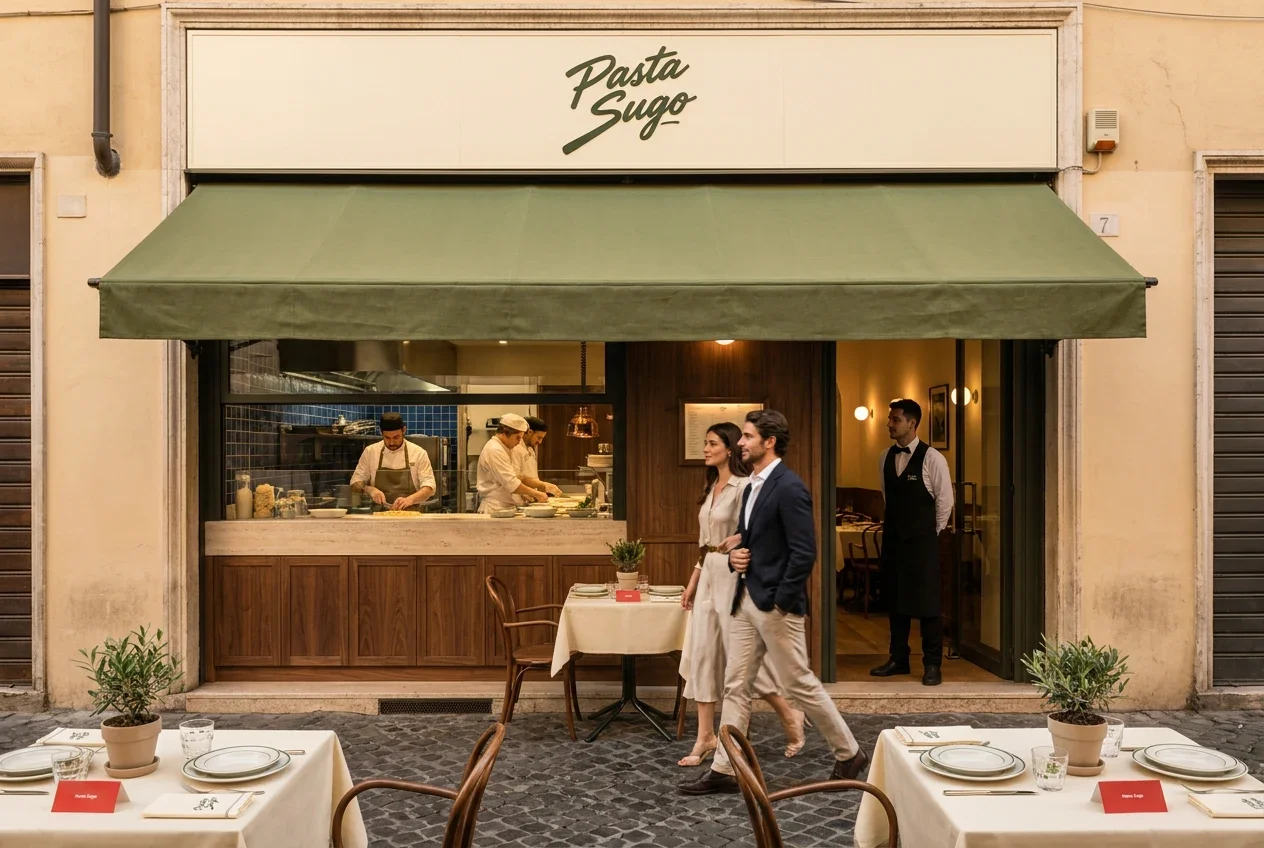 Pasta Sugo restaurant exterior with an open kitchen and olive green awning