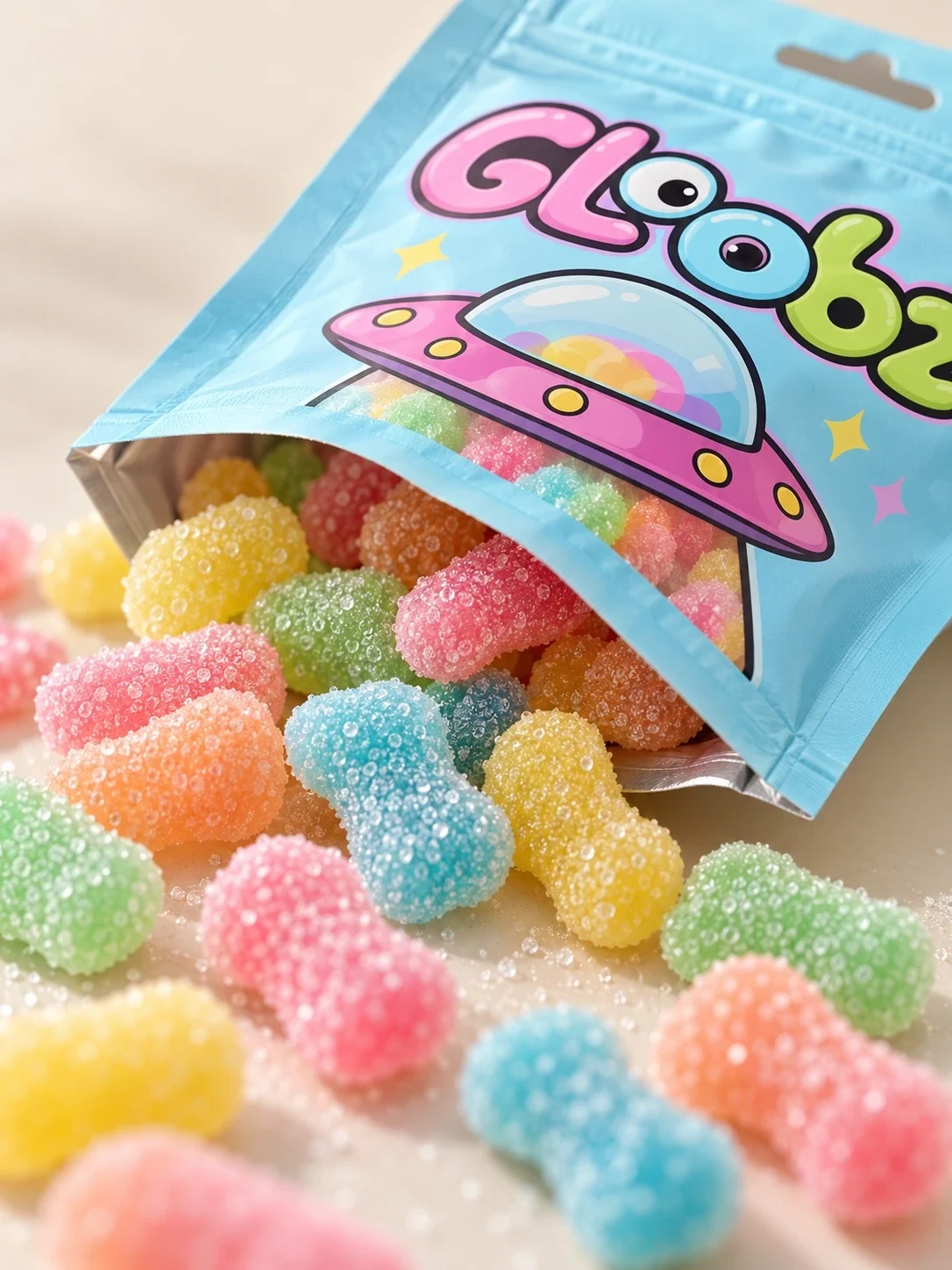 كيس Gloobz أزرق برسم صحن طائر بجانب حلوى مغطاة بالسكر