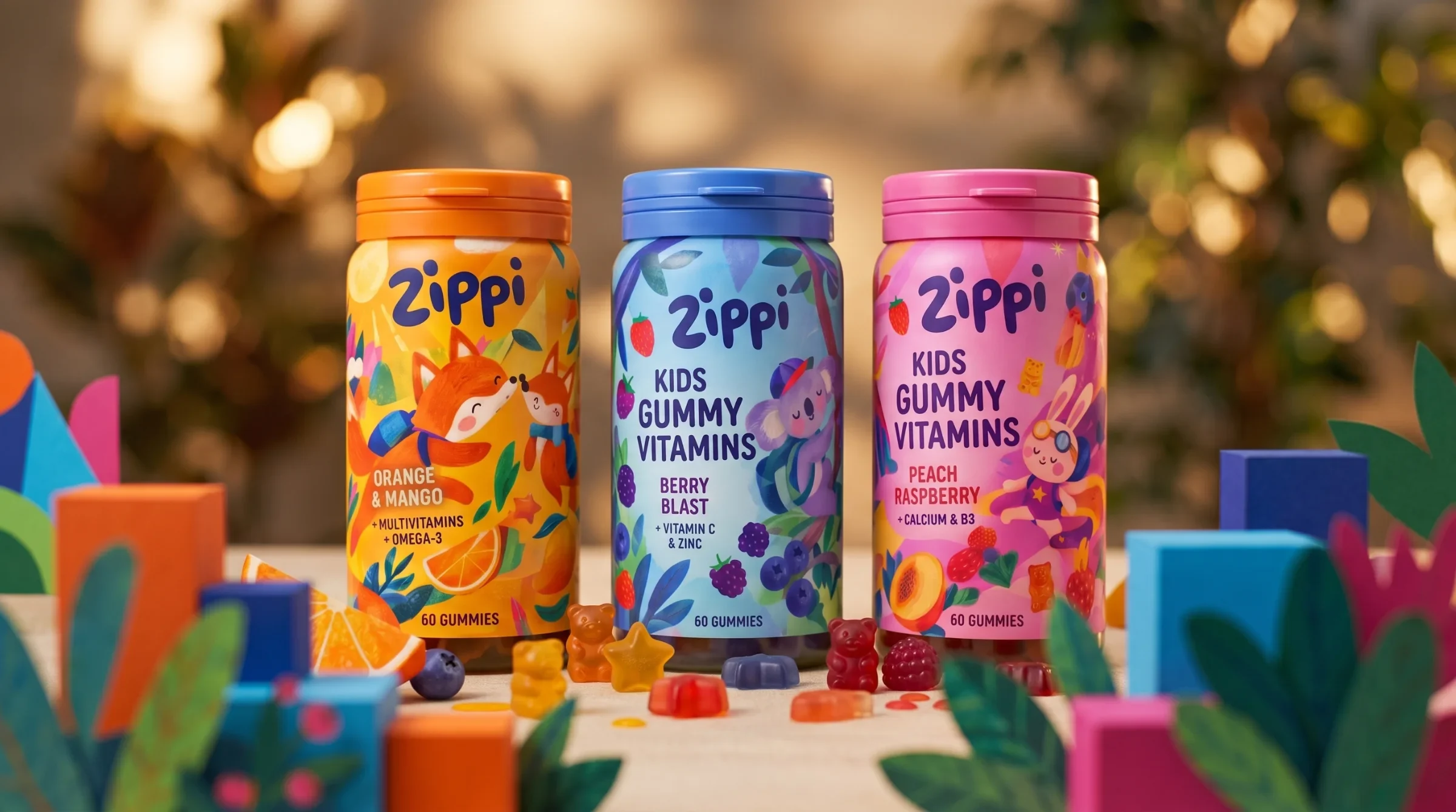 Three Zippi vitamin bottle mockups with colour-matched caps and illustrated animal labels.
