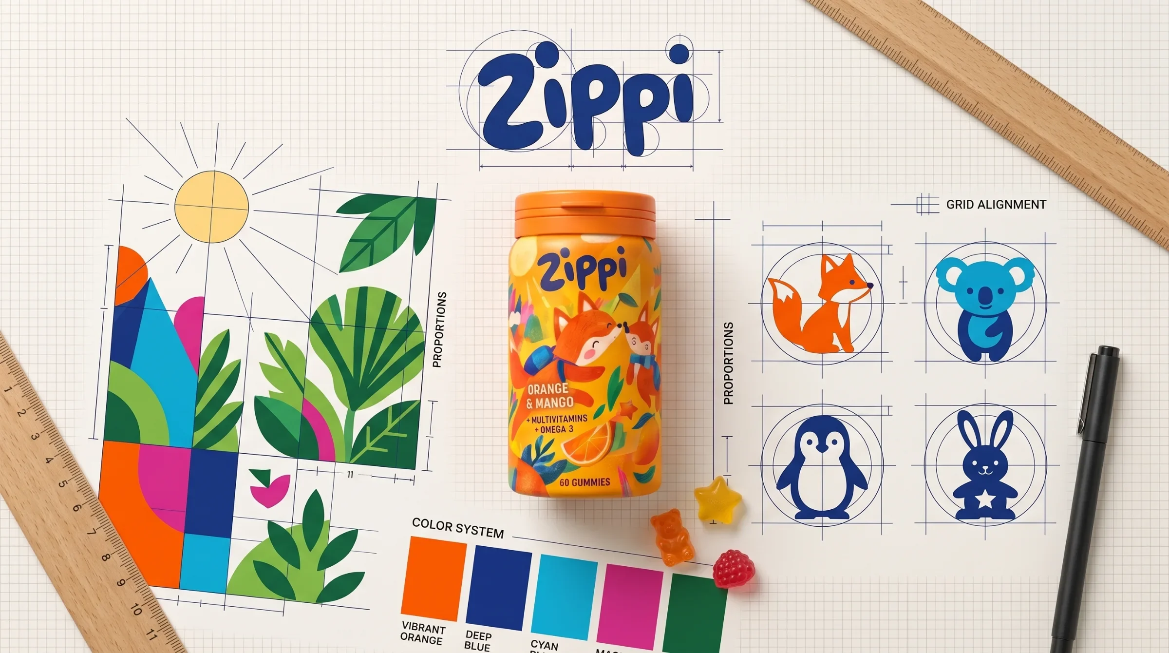 An orange bottle mockup on a brand-system board with animal geometry and colour swatches.
