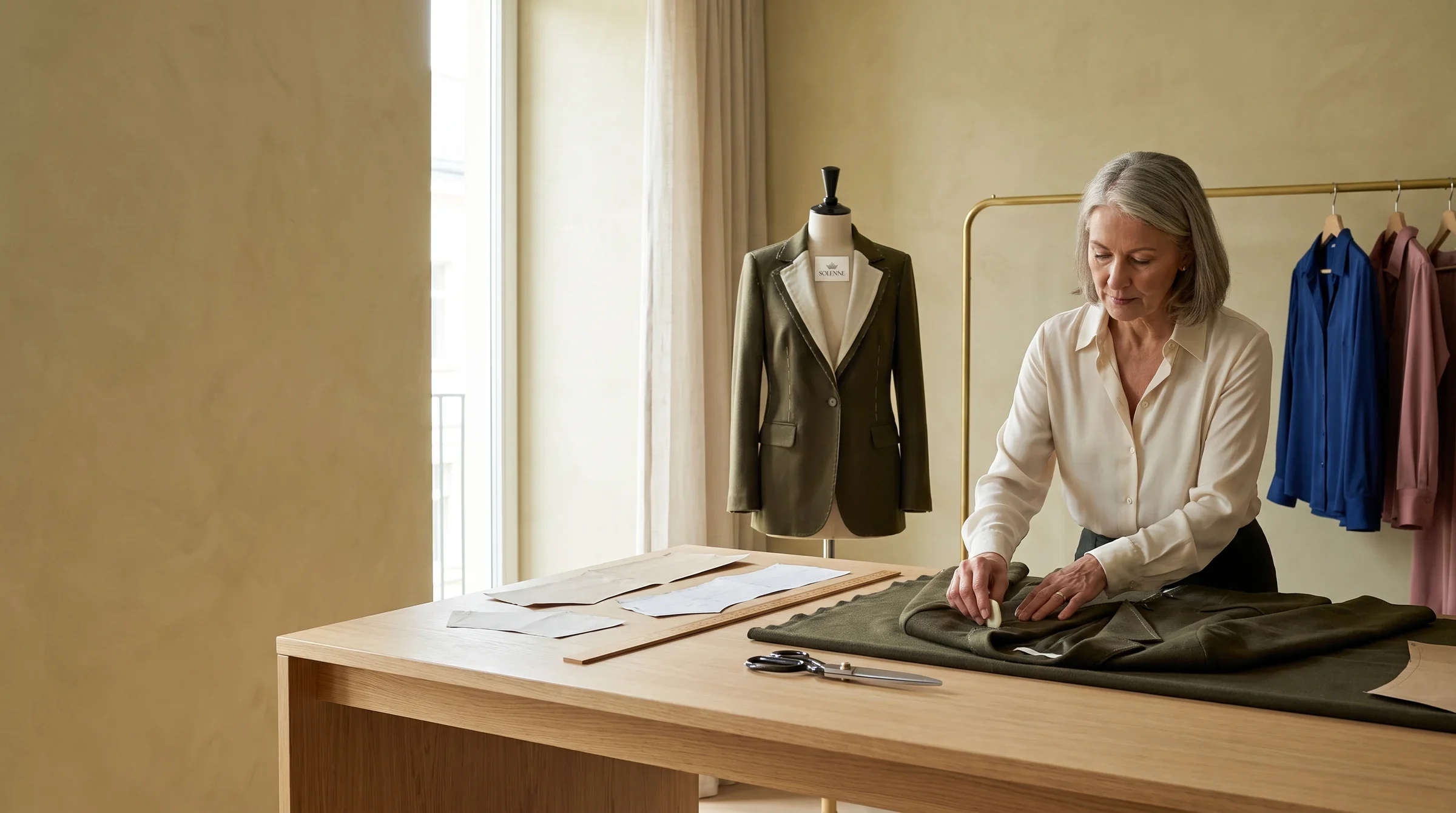 Solenne designer working on an olive jacket at a tailoring table.