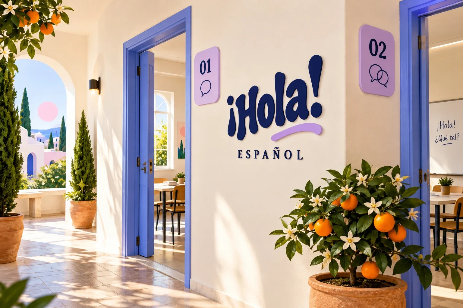 نموذج ممر مدرسة بإطارات أبواب زرقاء وأرقام صفوف وشعار Hola على الجدار.