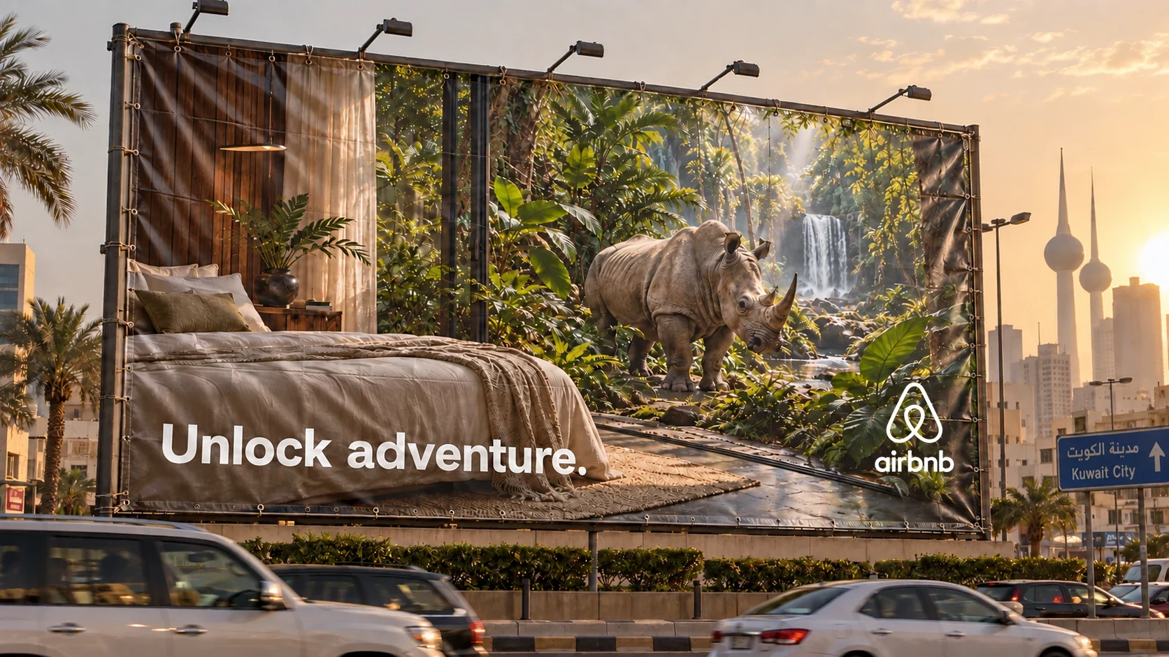 Airbnb rhinoceros campaign on a folded vinyl streetboard in a Kuwait City presentation mockup