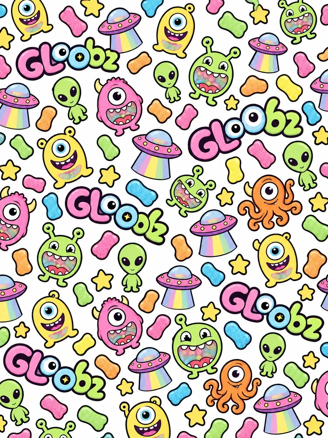 نمط متكرر كثيف لشخصيات Gloobz الفضائية وشعاراتها