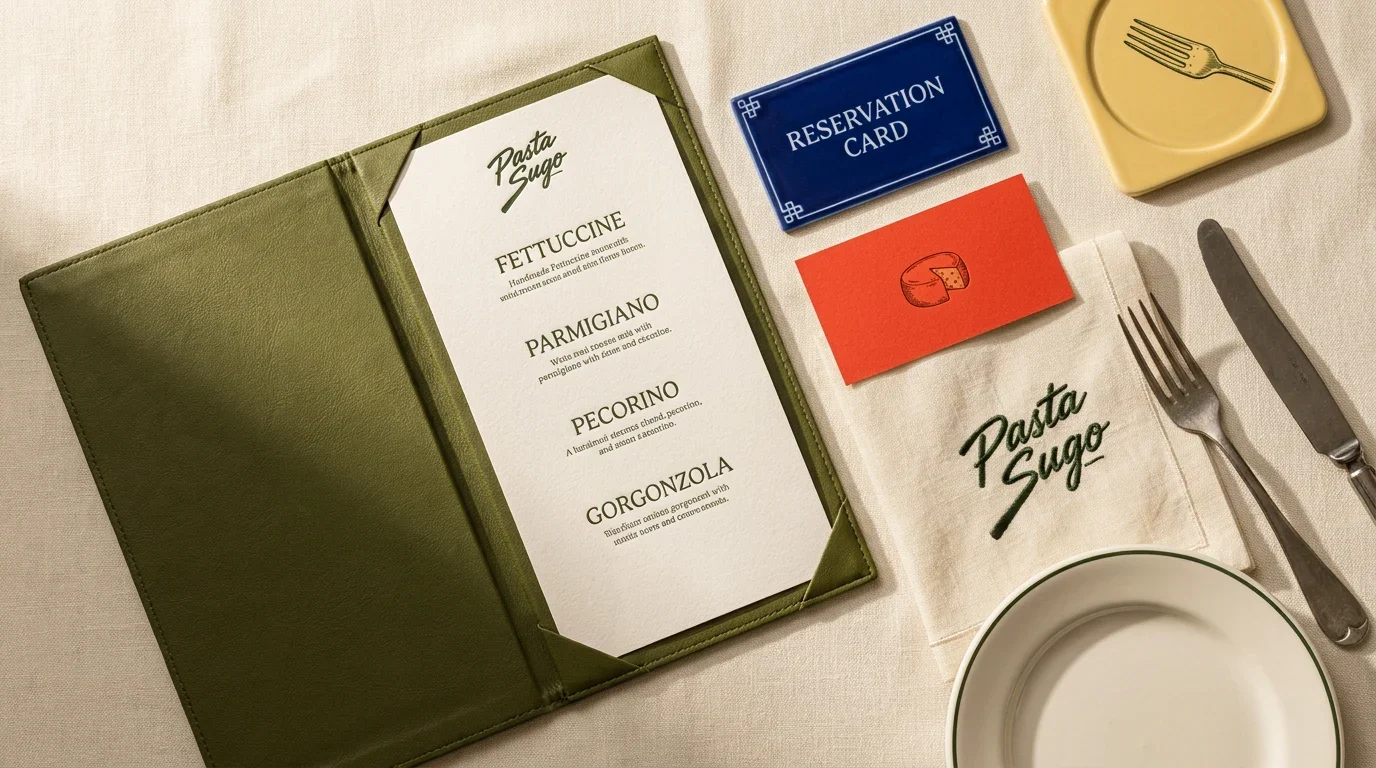 Menu, reservation card, napkin and tableware carrying the Pasta Sugo identity