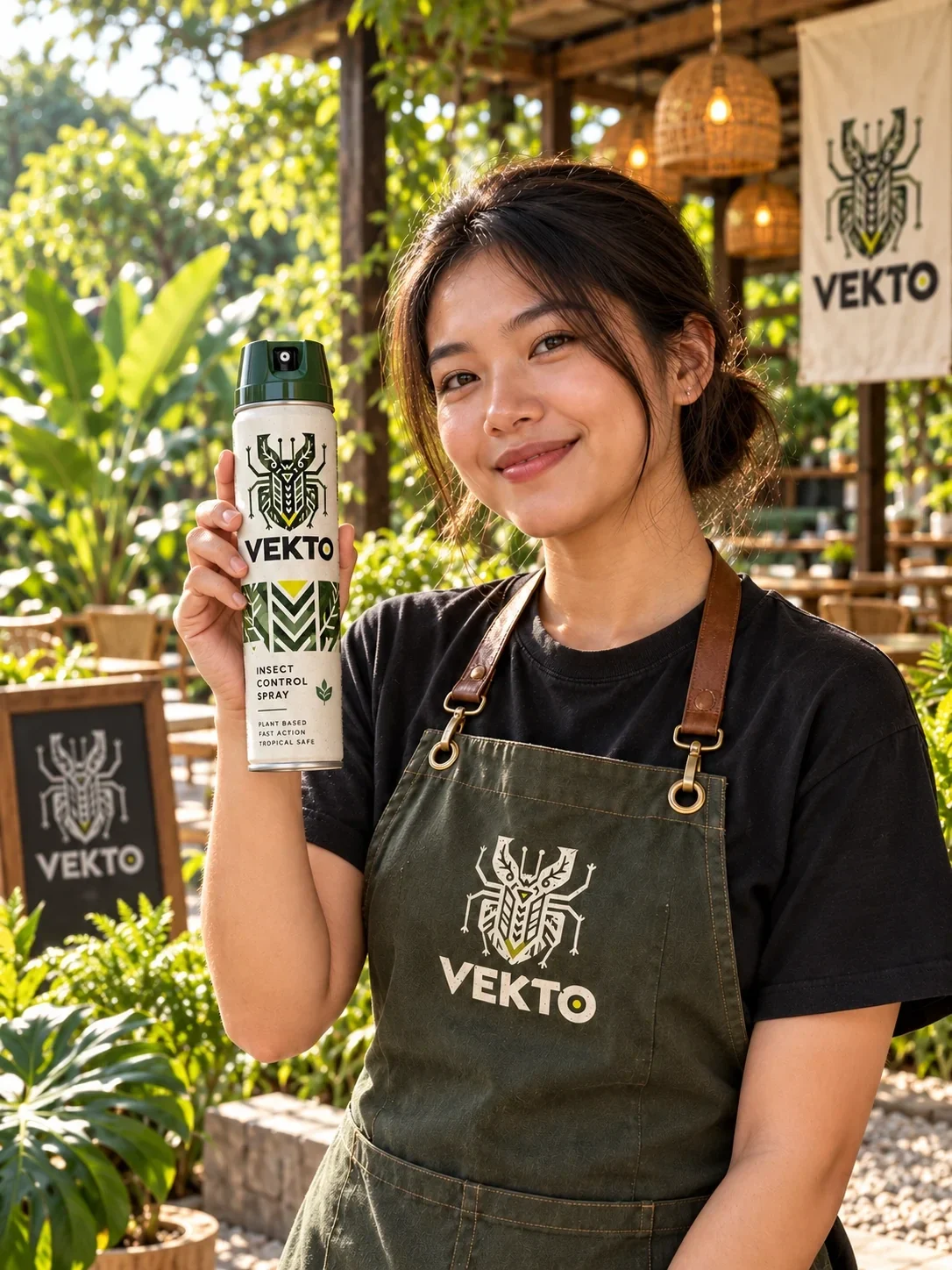 امرأة تحمل بخاخ VEKTO في مشهد حديقة