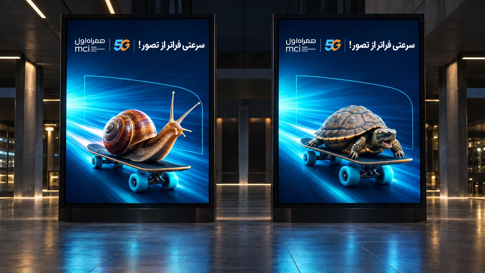 Two digital MCI 5G posters with campaign header, cyan portal motif, a snail and a tortoise on skateboards