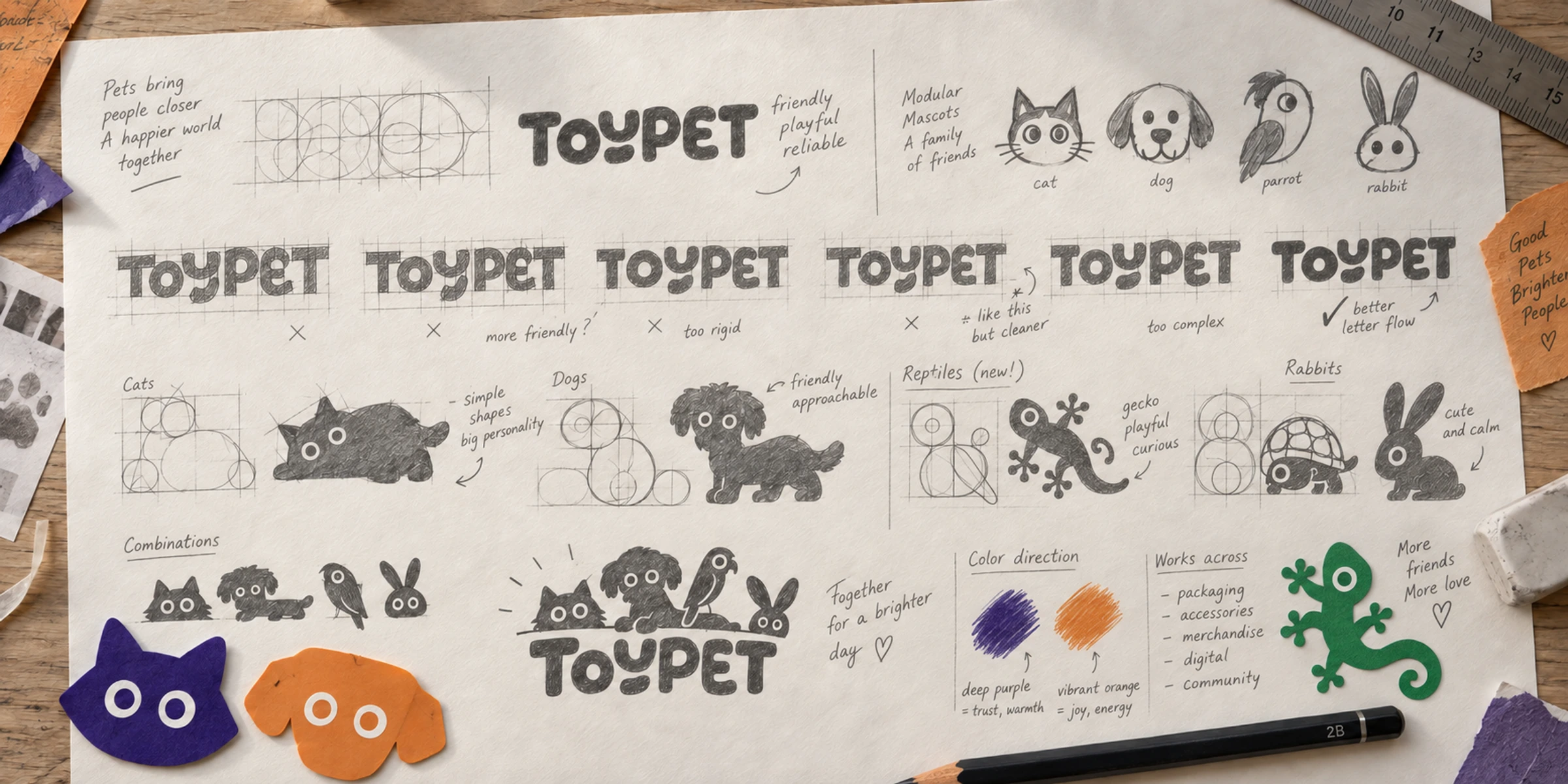 Photographed ToyPet wordmark and mascot sketches for cats, dogs, birds, rabbits and reptiles