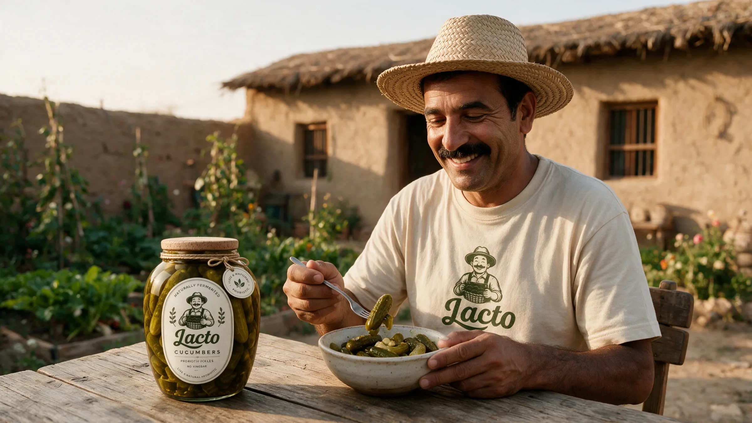 Smiling grower wearing a Lacto T-shirt with a cucumber jar at a garden table