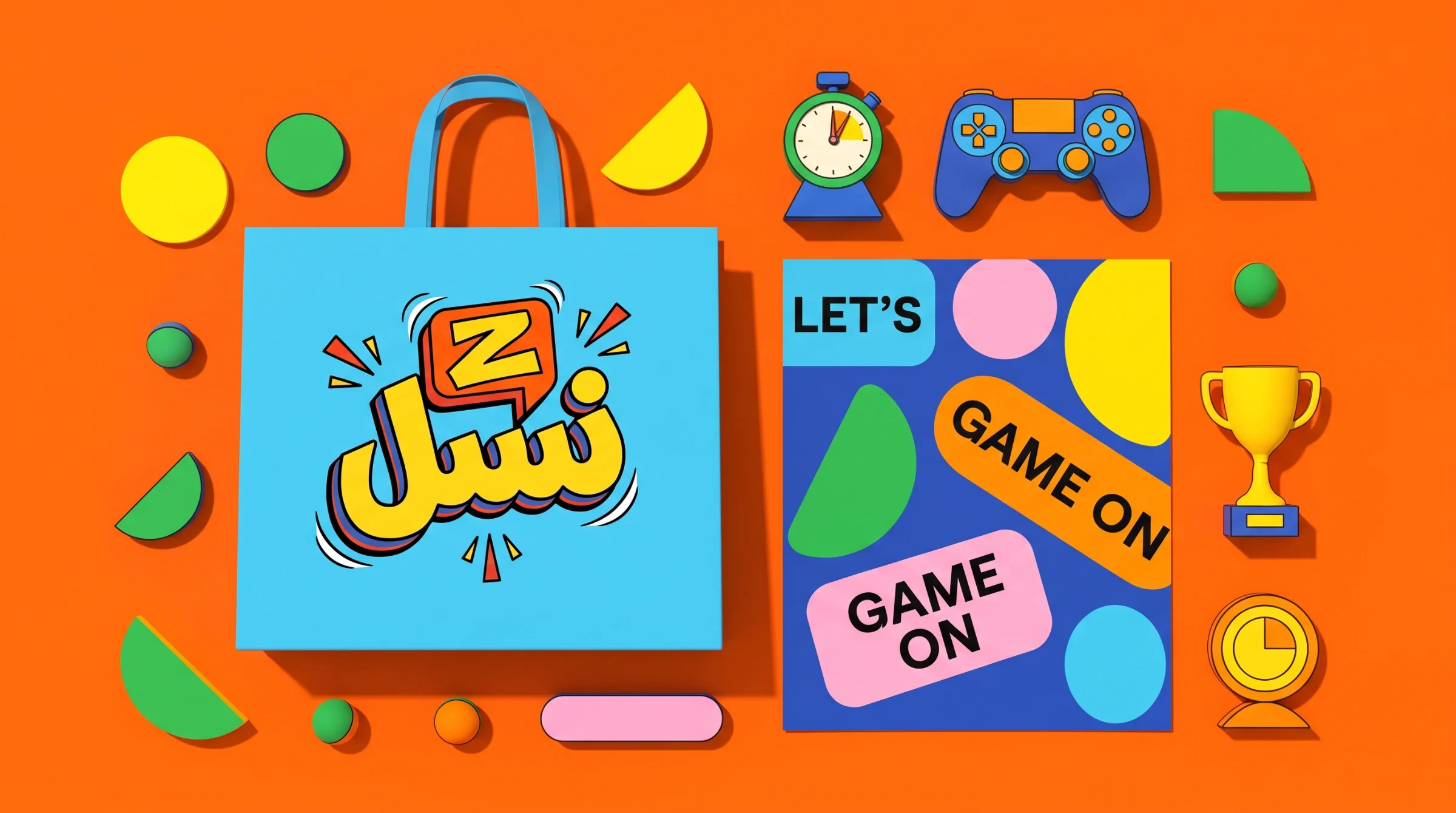 Nasl Z bag and graphic cards with controllers and trophy symbols on orange.