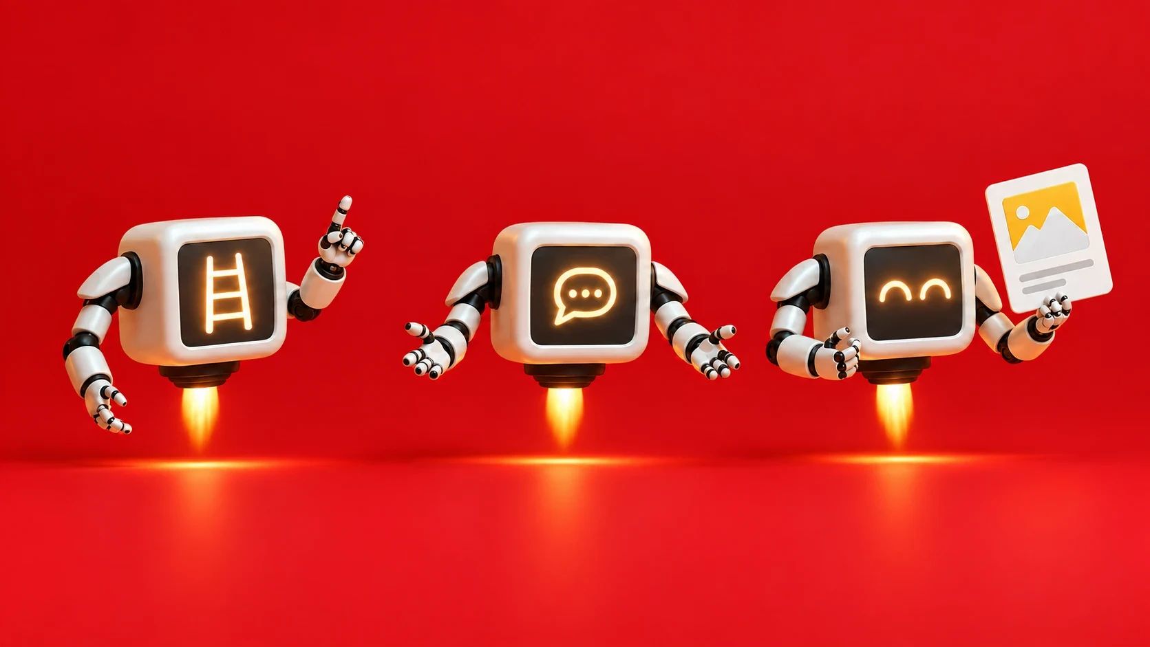 Three expressions of the same AI character against red