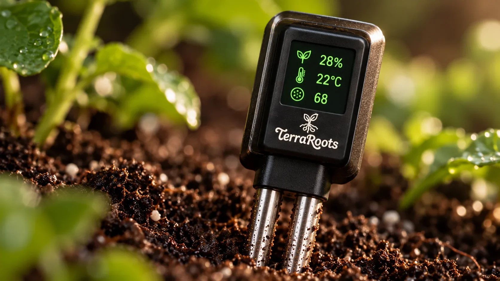 TerraRoots TR-S1 sensor in soil with moisture, temperature and nutrient readings