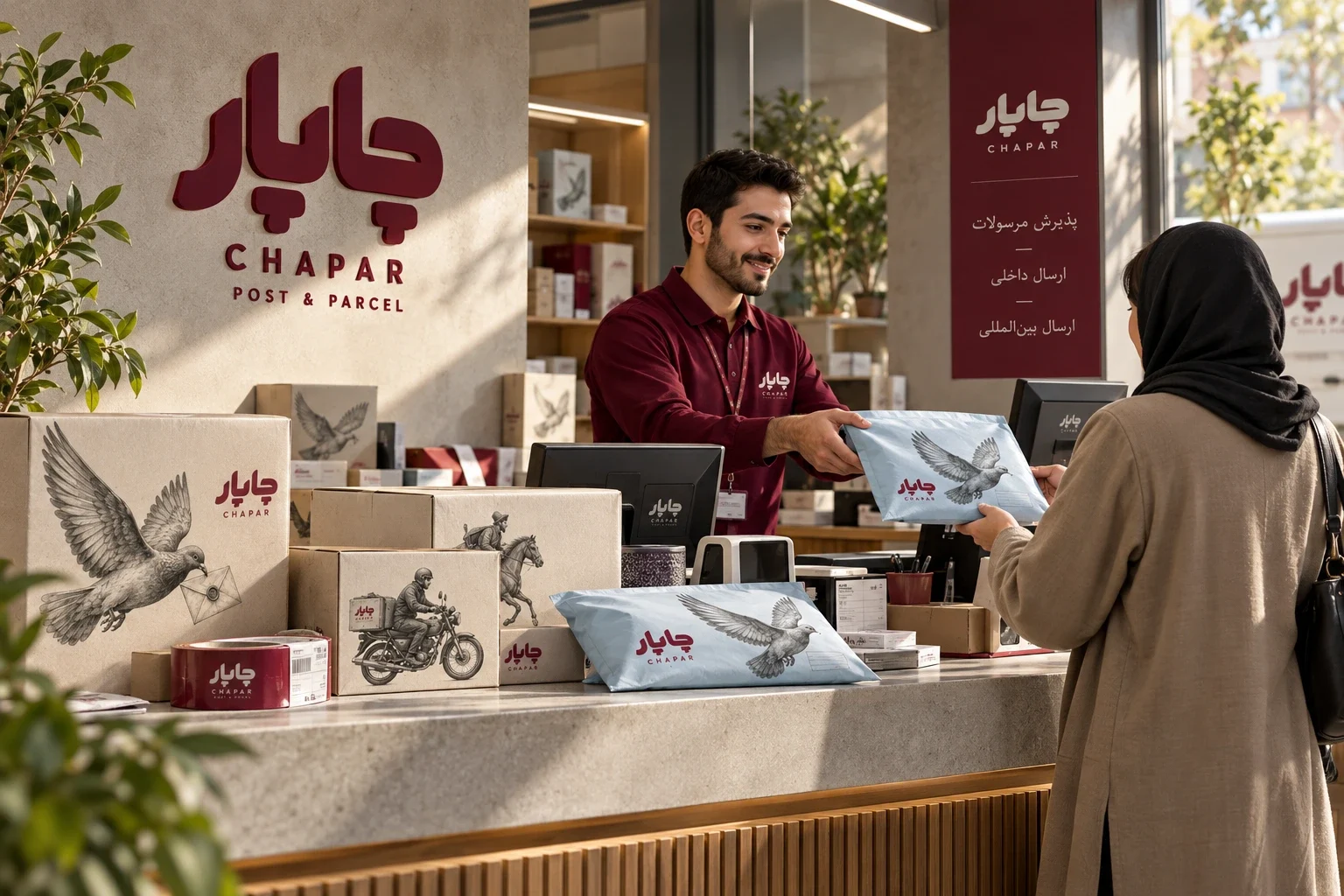 مشهد تصوّري لتسليم طرد عند مكتب خدمة چاپار.