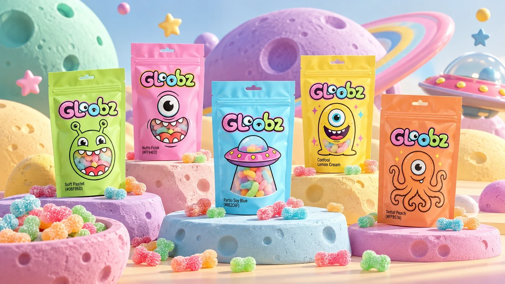 أكياس Gloobz في مشهد فضائي خيالي ملون